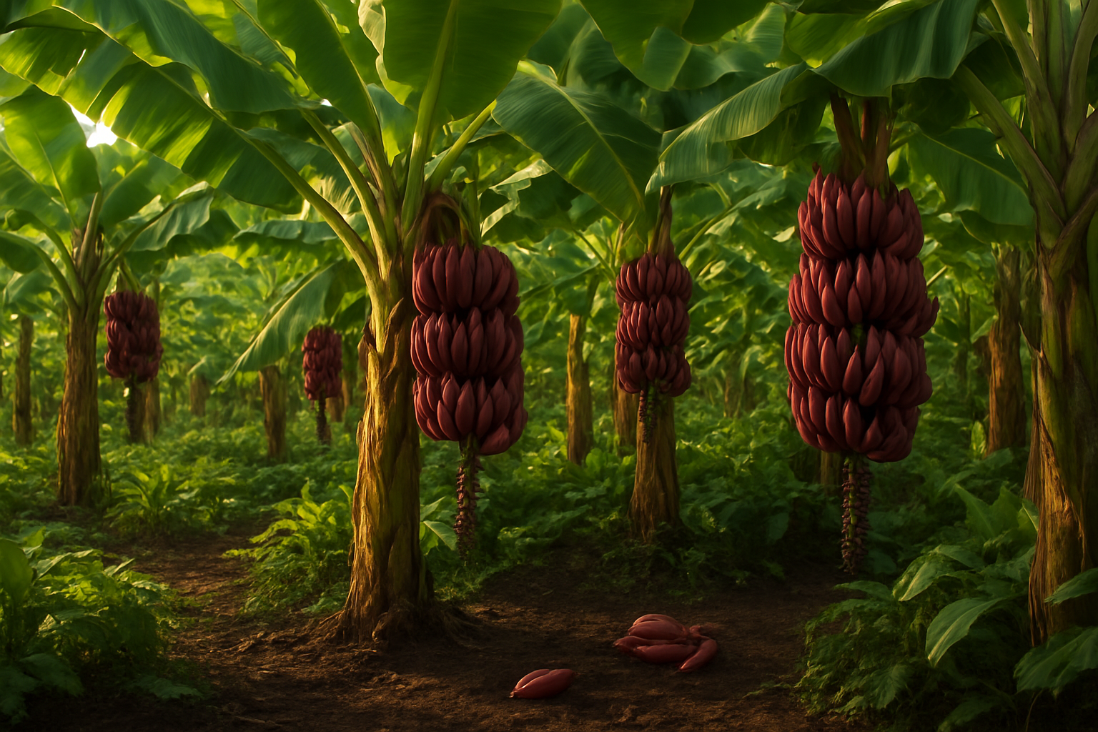 Create a realistic image of red banana plants growing in a tropical plantation with clusters of reddish-purple bananas hanging from the trees, lush green banana leaves creating natural canopy, rich dark soil visible at the base of the plants, tropical landscape with rolling hills in the background, warm golden sunlight filtering through the plantation creating dappled lighting, vibrant green foliage surrounding the red banana trees, and a few fallen red bananas on the ground showing their natural growing environment. Absolutely NO text should be in the scene.