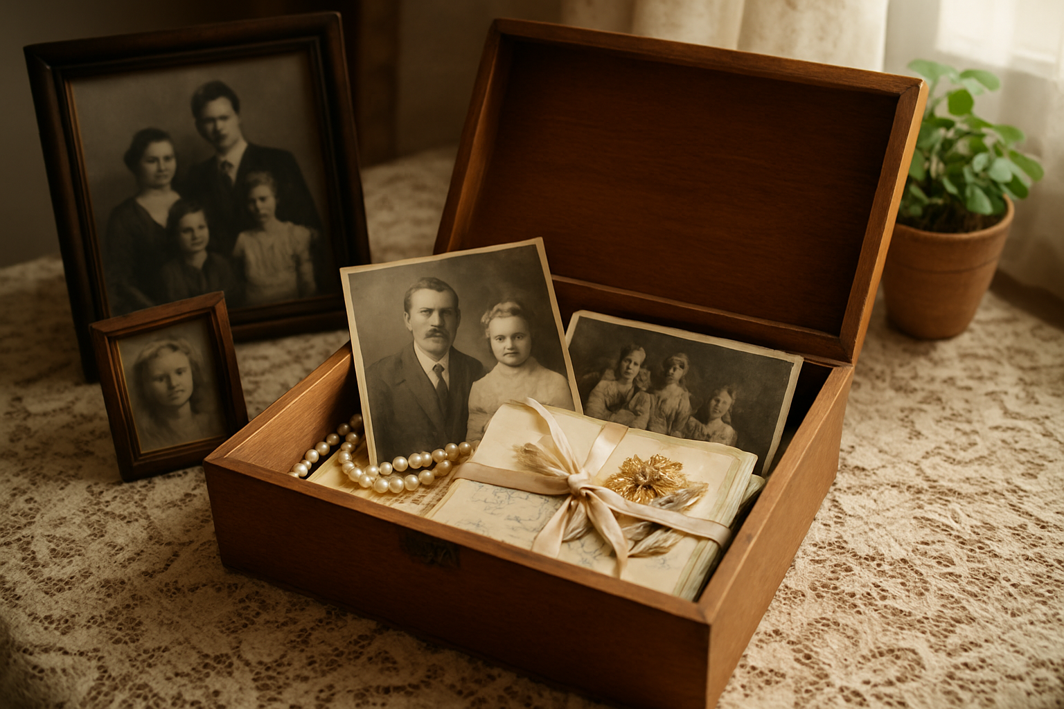 Create a realistic image of a wooden memory box sitting open on a vintage lace tablecloth, containing old family photographs, handwritten letters tied with ribbon, a pearl necklace, and pressed flowers, with soft natural lighting filtering through a nearby window creating gentle shadows, surrounded by additional framed black and white family photos and a small potted plant, conveying a warm and nostalgic atmosphere of cherished memories being carefully preserved, absolutely NO text should be in the scene.