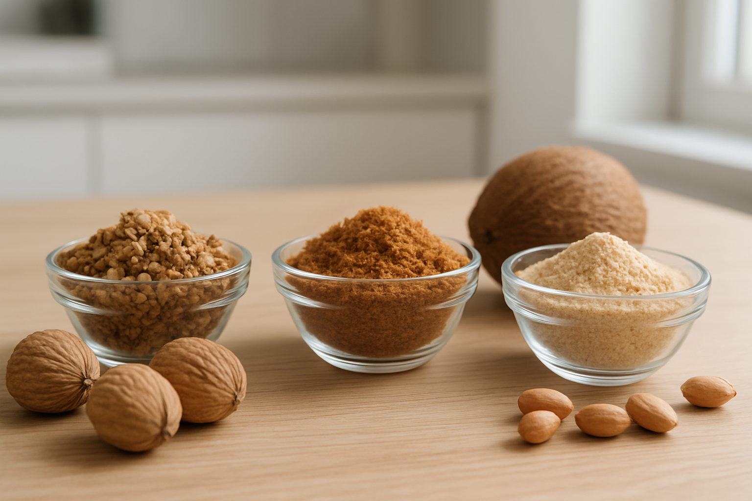 Create a realistic image of various crushed walnut shells, ground coconut husks, and finely processed peanut shells arranged in separate small glass bowls on a clean wooden table, with scattered whole nuts including walnuts, coconuts, and peanuts nearby, soft natural lighting from a window creating gentle shadows, clean and modern kitchen or laboratory setting in the background, eco-friendly and sustainable mood with natural textures prominently displayed, absolutely NO text should be in the scene.