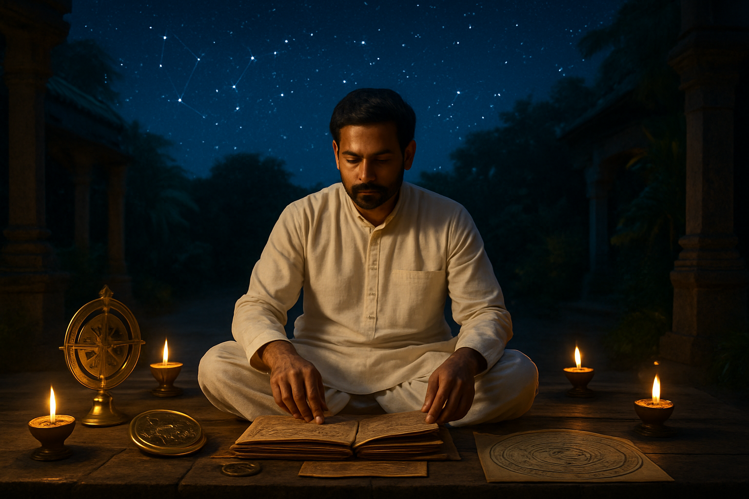 Create a realistic image of a serene nighttime scene showing a South Asian male astrologer in traditional white clothing sitting cross-legged on a wooden platform, consulting ancient palm leaf manuscripts and astronomical charts spread before him, with a clear starry sky above displaying prominent constellations and bright stars, surrounded by flickering oil lamps and brass instruments like astrolabe and compass, set in a peaceful temple courtyard with stone pillars and tropical plants, warm golden lighting from the lamps contrasting with the cool blue starlight, creating a mystical atmosphere of cosmic timing and celestial guidance, absolutely NO text should be in the scene.