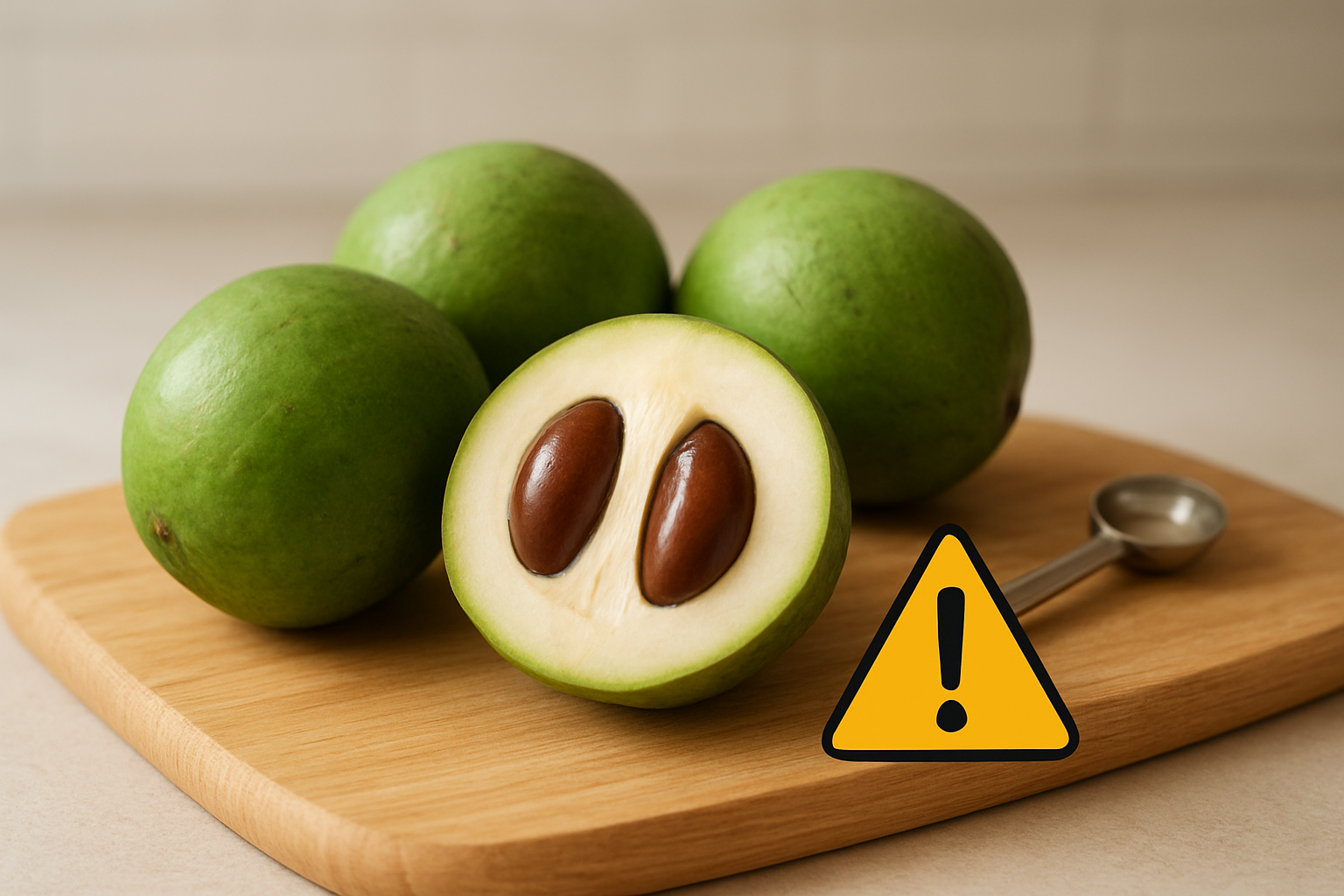 Create a realistic image of fresh Casimiroa fruits (white sapote) arranged on a clean wooden cutting board with one fruit cut in half showing the creamy white flesh and large brown seeds, alongside a small warning symbol icon and a measuring spoon to indicate proper portion control, set against a neutral kitchen background with soft natural lighting, absolutely NO text should be in the scene.