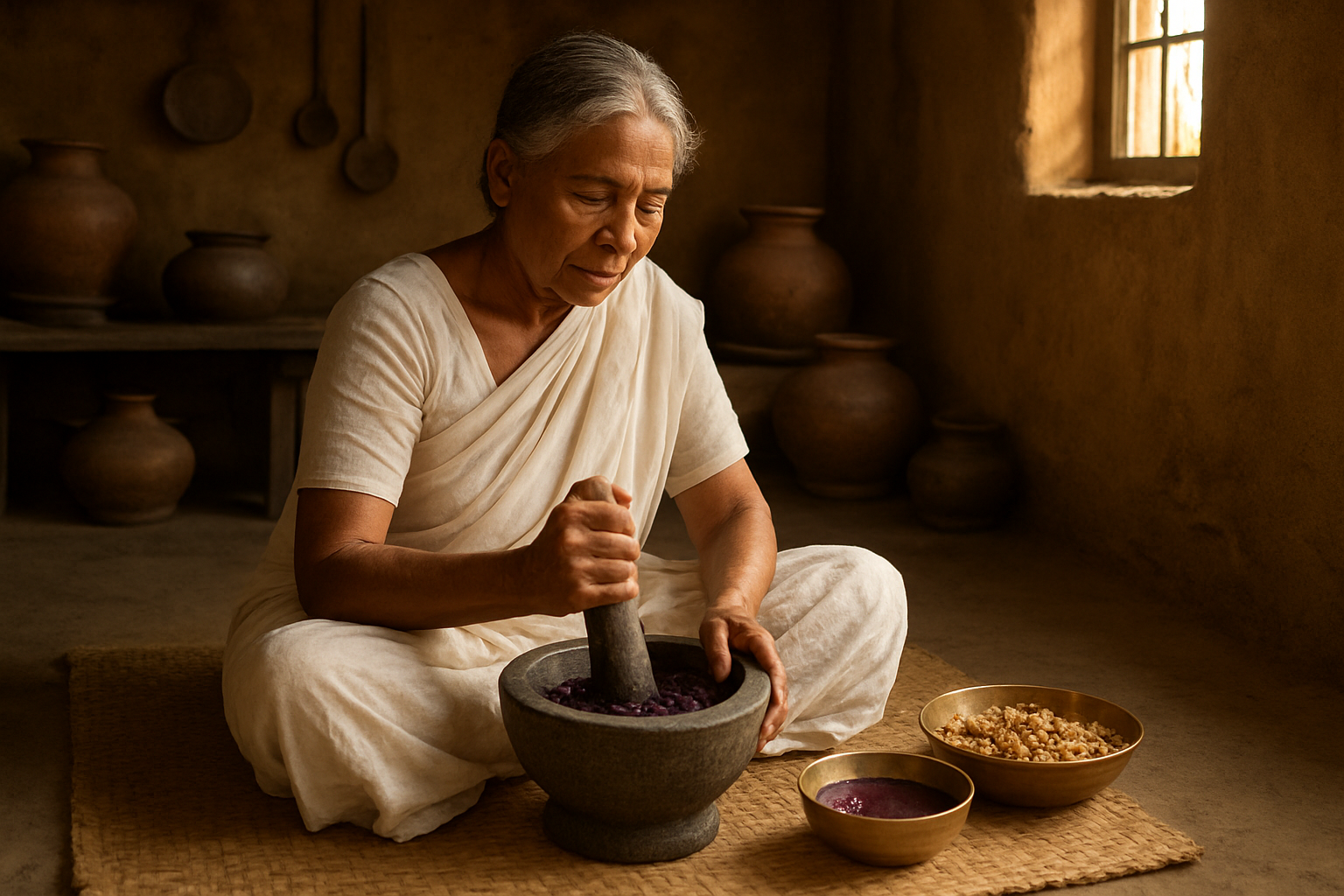 Create a realistic image of an elderly South Asian woman in traditional white cotton sari sitting cross-legged on a woven mat, grinding fresh jamun fruits in a stone mortar and pestle, with brass bowls containing dried jamun seeds and purple jamun fruit extract nearby, set in a rustic wooden kitchen with clay pots and traditional cooking utensils hanging on walls, warm golden sunlight filtering through a small window creating soft shadows, peaceful and serene atmosphere depicting ancient ayurvedic medicine preparation. Absolutely NO text should be in the scene.