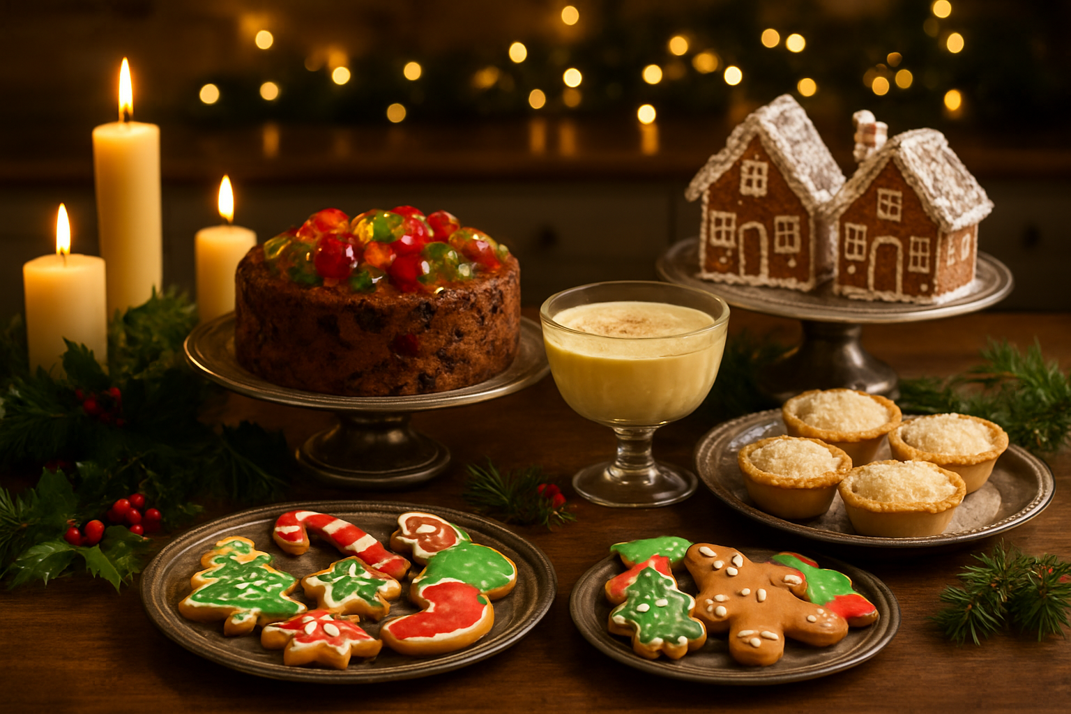 Create a realistic image of an elegant holiday dessert table featuring traditional Christmas sweets including a rich fruitcake with candied fruits, warm mince pies with golden pastry, colorful Christmas cookies in festive shapes, creamy eggnog custard, and gingerbread houses dusted with powdered sugar, all beautifully arranged on vintage serving platters and cake stands with holly sprigs and pine branches as decoration, set against a cozy kitchen background with warm golden lighting from candles and string lights creating a festive Christmas atmosphere, absolutely NO text should be in the scene.