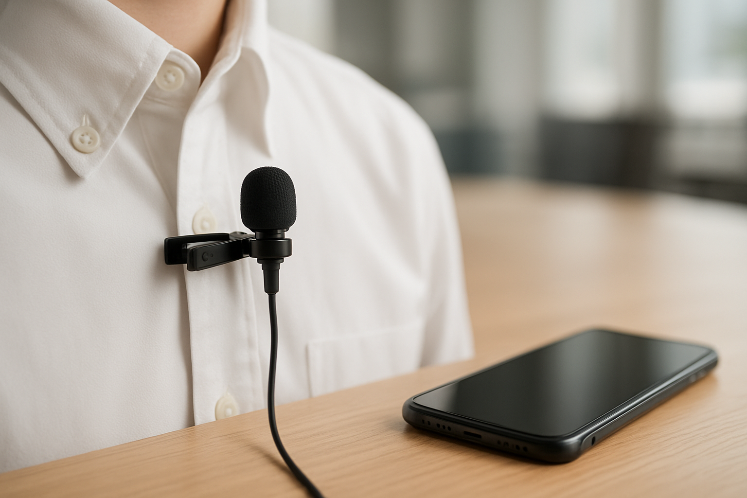 Create a realistic image of a compact black wireless lavalier microphone clipped onto the collar of a white dress shirt, with a sleek black iPhone placed on a modern wooden desk surface nearby, soft natural lighting from a window creating gentle shadows, clean minimalist background with blurred office environment, professional product photography style with shallow depth of field focusing on the microphone and phone connection, warm ambient lighting highlighting the microphone's metallic details and the iPhone's glossy screen, absolutely NO text should be in the scene.