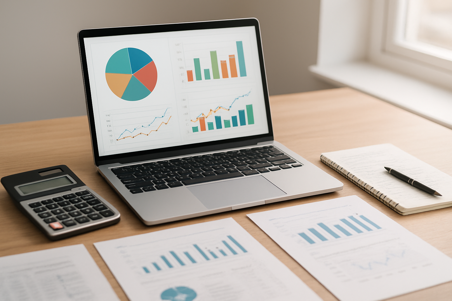 Create a realistic image of a clean, modern desk setup with a laptop displaying colorful pie charts and graphs representing index fund portfolios, surrounded by financial documents, a calculator, and a notebook with handwritten investment notes, with soft natural lighting from a window creating a professional yet approachable atmosphere for beginner investors learning about low-cost investing strategies, absolutely NO text should be in the scene.