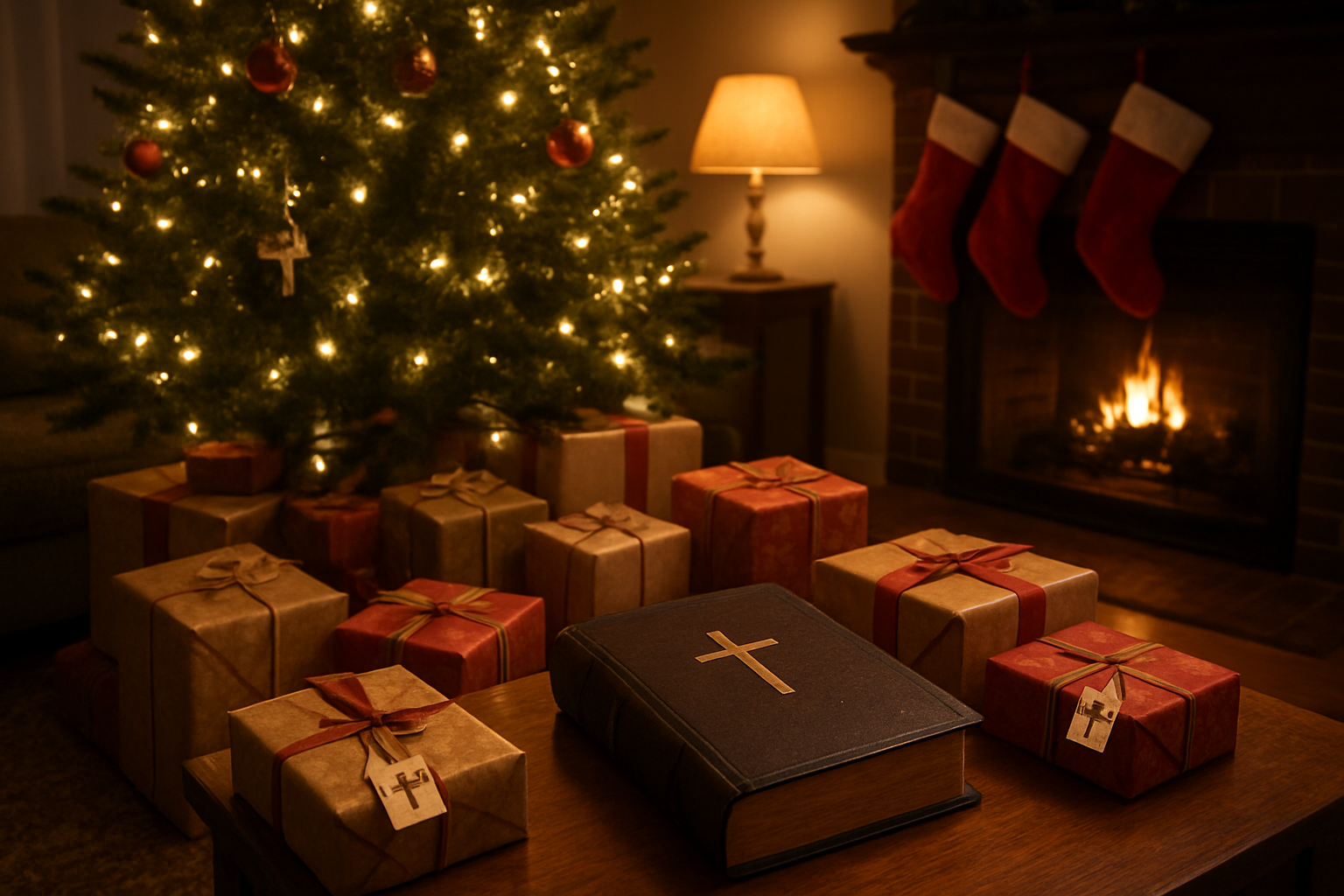 Create a realistic image of a cozy living room during Christmas time with wrapped gifts arranged under a decorated Christmas tree, where some gifts have small crosses or religious symbols as gift tags, a family Bible placed on a nearby coffee table next to wrapped presents, warm golden lighting from string lights on the tree and soft lamp light, stockings hanging by a fireplace in the background, and a peaceful, reverent atmosphere that emphasizes the spiritual meaning of gift-giving during the Christmas season. Absolutely NO text should be in the scene.