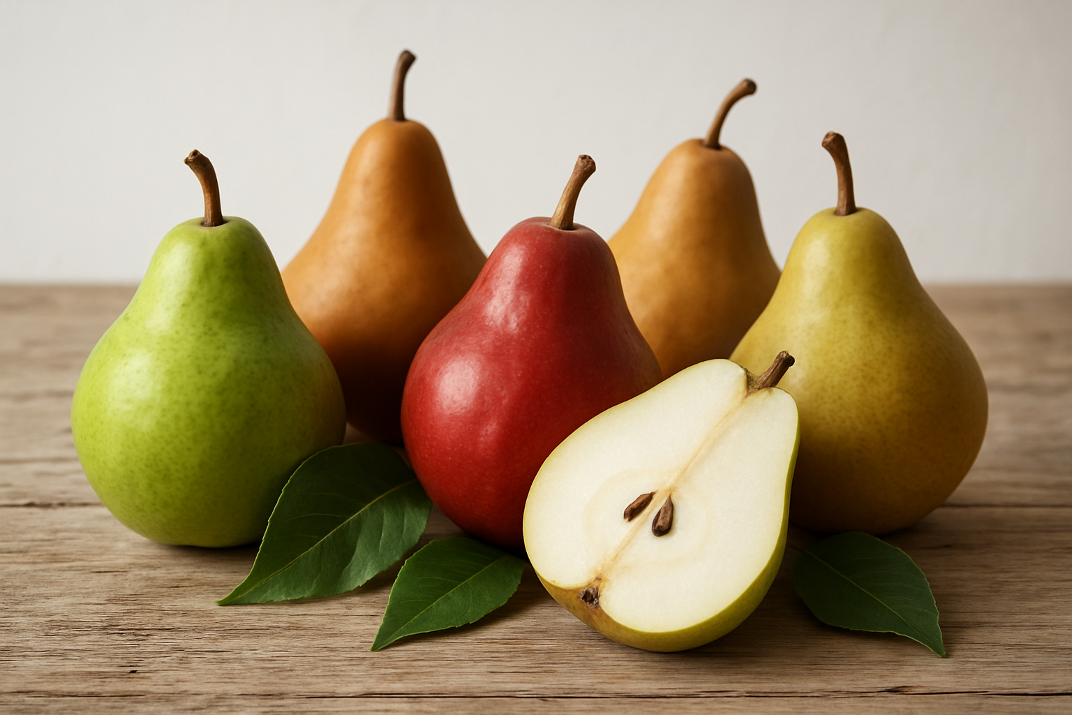 Create a realistic image of fresh, ripe pears of different varieties including green Anjou, red Bartlett, and golden Bosc pears arranged naturally on a rustic wooden surface, with whole pears and one pear cut in half showing the white flesh, seeds, and core, surrounded by green pear leaves, captured in soft natural daylight with a clean, minimalist background that emphasizes the natural beauty and texture of the fruit. Absolutely NO text should be in the scene.