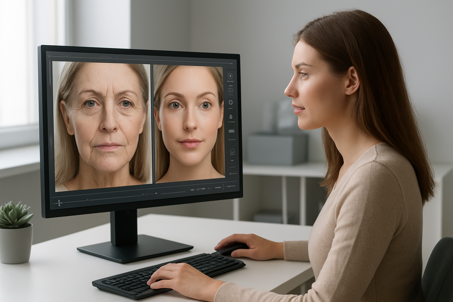 Create a realistic image of a young white female sitting at a modern desk using digital beauty enhancement software on a sleek computer monitor, with before-and-after facial transformation effects visible on the screen showing age reversal, surrounded by digital interface elements like sliders and adjustment tools, in a contemporary office setting with soft natural lighting from a window, conveying innovation and digital transformation, with a clean minimalist background featuring technology elements, absolutely NO text should be in the scene.