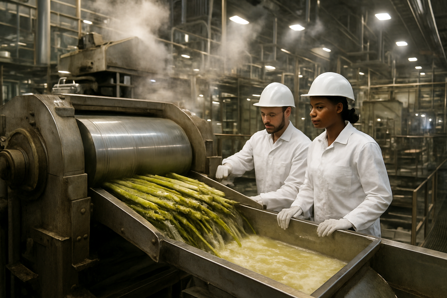 Create a realistic image of a modern sugar cane processing facility showing industrial machinery with large steel rollers crushing fresh green sugar cane stalks, juice flowing through metal channels, steam rising from processing equipment, workers in white uniforms and safety helmets operating the machinery including both white male and black female technicians, bright industrial lighting illuminating the scene, metal walkways and pipes visible in the background, creating an active commercial production atmosphere, absolutely NO text should be in the scene.
