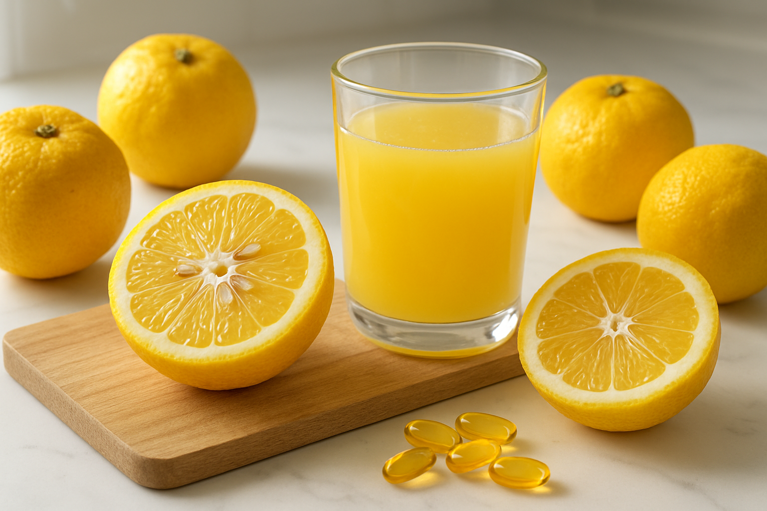 Create a realistic image of fresh yuzu fruits cut in half displaying their vibrant yellow flesh and seeds alongside a glass of fresh yuzu juice, with scattered whole yuzu fruits, vitamin supplement capsules, and a wooden cutting board on a clean white marble kitchen counter, soft natural lighting from a window creating gentle shadows, emphasizing the healthy and nutritious aspects of the citrus fruit, absolutely NO text should be in the scene.
