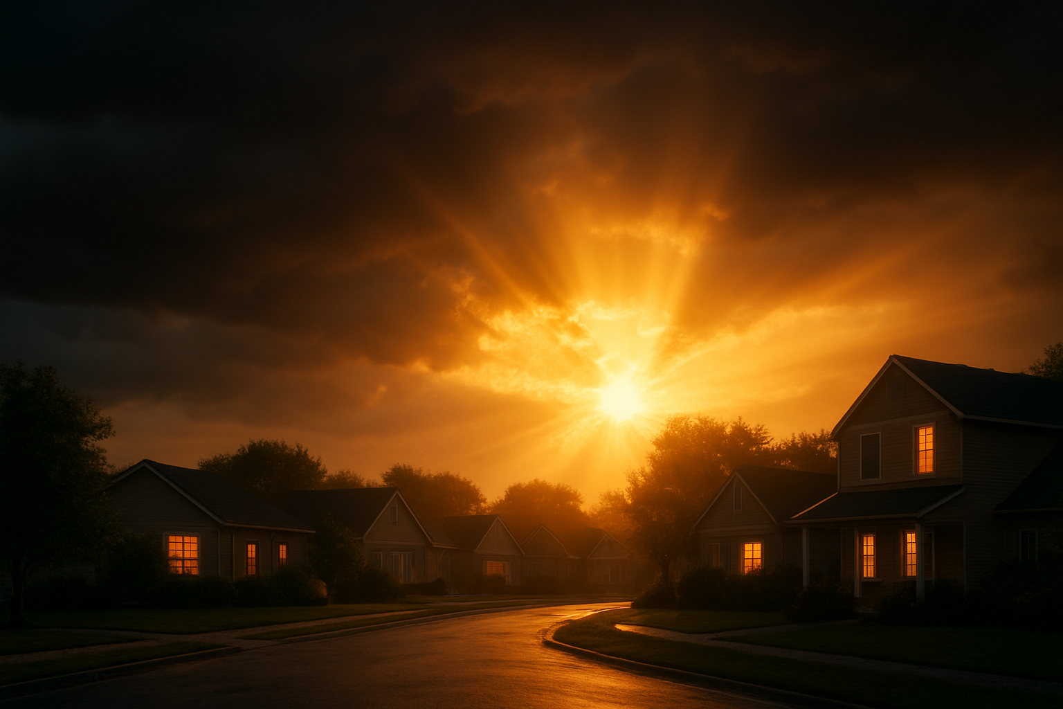 Create a realistic image of a warm golden sunrise breaking through dark storm clouds over a quiet residential neighborhood, with soft rays of light illuminating several modest homes where faint warm glows can be seen through windows, suggesting families inside, while the dramatic sky transitions from stormy gray to hopeful golden light, creating a peaceful and uplifting atmosphere that conveys hope emerging from difficult circumstances, shot with natural lighting that emphasizes the contrast between darkness and light, absolutely NO text should be in the scene.