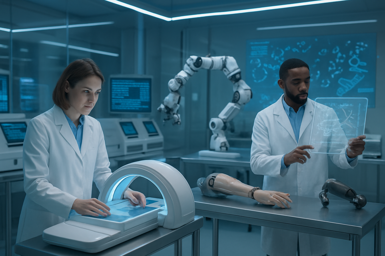 Create a realistic image of a modern biotechnology laboratory with advanced medical equipment including DNA sequencing machines, holographic displays showing genetic codes and molecular structures, robotic surgical arms, and bionic prosthetic limbs on examination tables, featuring a diverse team of scientists including a white female researcher in a lab coat examining a futuristic medical scanner and a black male scientist analyzing data on a transparent digital screen, with soft blue and white LED lighting creating a clean, high-tech atmosphere, conveying innovation and scientific progress in human enhancement technology, absolutely NO text should be in the scene.