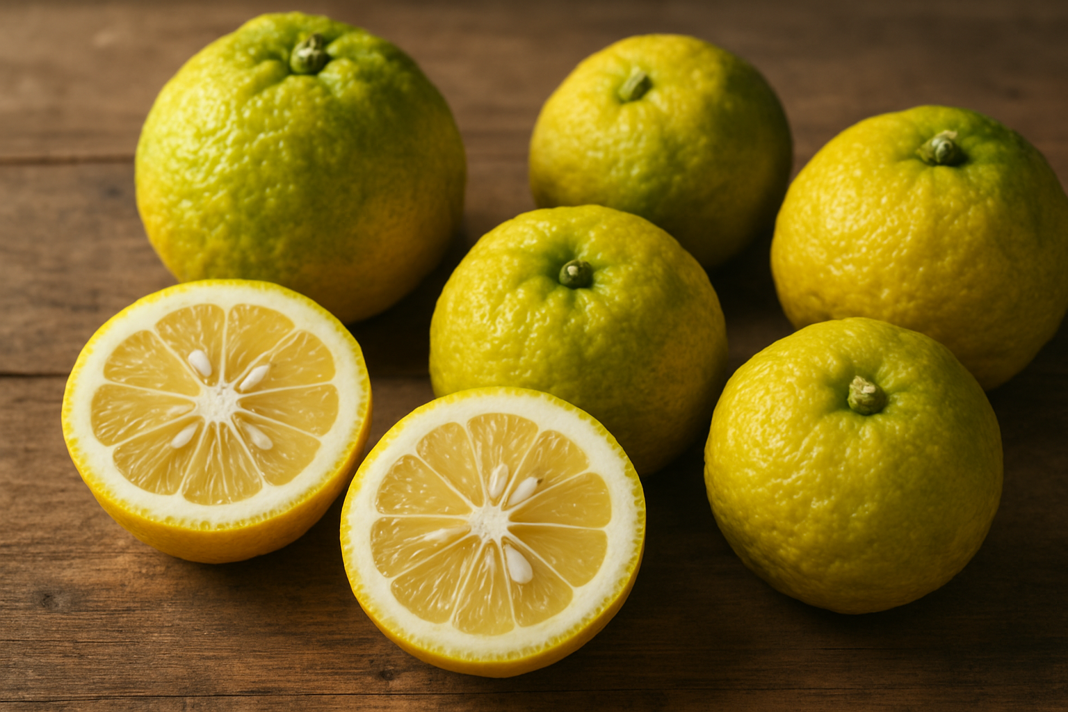 Create a realistic image of fresh yuzu citrus fruits displayed on a rustic wooden surface, showcasing their unique characteristics with some whole yellow-green yuzu fruits with bumpy, dimpled skin texture alongside cross-sectioned halves revealing the pale yellow segmented interior with visible seeds, natural daylight illuminating the scene to highlight the distinctive rough peel and aromatic qualities, with subtle shadows and warm lighting creating an inviting presentation of this Japanese citrus variety, absolutely NO text should be in the scene.