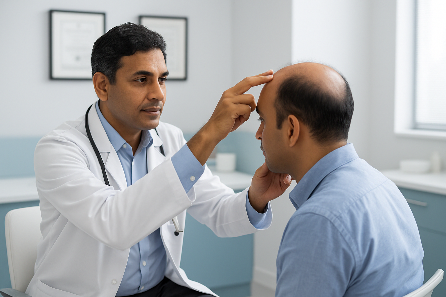 Create a realistic image of a professional consultation scene in a modern medical clinic showing a middle-aged Indian male doctor in a white coat examining the scalp of a balding Indian male patient, with the doctor pointing to areas on the patient's head while both are seated, medical diplomas and certificates visible on the wall behind them, bright clinical lighting, clean white and blue color scheme, professional healthcare atmosphere, absolutely NO text should be in the scene.