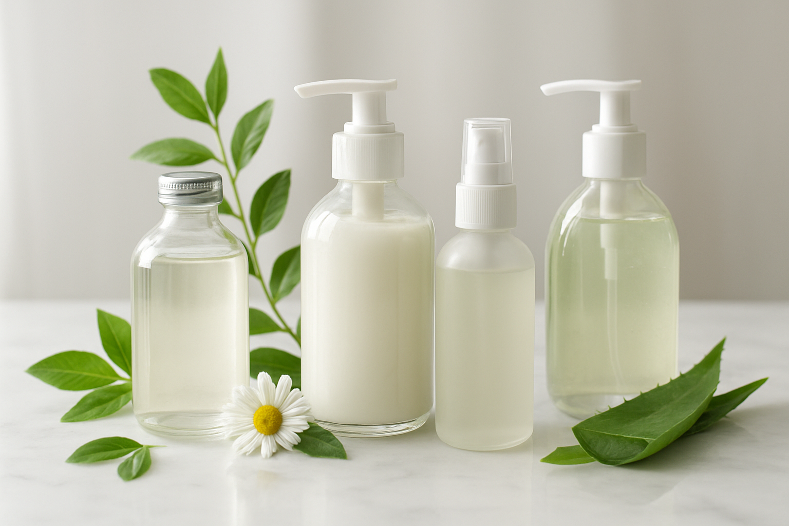 Create a realistic image of elegant glass bottles and pump dispensers containing natural cleansing products arranged on a clean white marble surface, surrounded by fresh green leaves, chamomile flowers, and aloe vera plants, with soft natural lighting streaming from the side creating gentle shadows, emphasizing the organic and gentle nature of sensitive skincare products, shot in a minimalist spa-like setting with a blurred soft white background, absolutely NO text should be in the scene.
