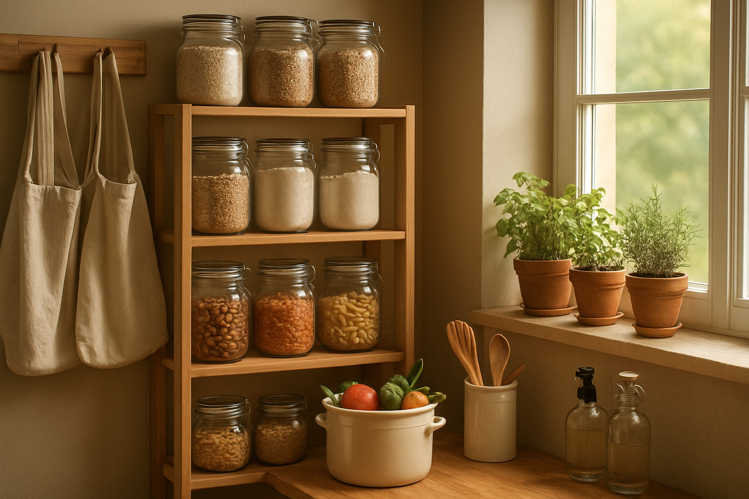 Create a realistic image of a cozy, well-organized home interior showcasing zero-waste living principles with reusable glass jars filled with bulk goods on wooden shelves, cloth shopping bags hanging on hooks, potted herbs growing on a windowsill, a compost bin with fresh vegetables nearby, bamboo utensils in a ceramic holder, and natural cleaning supplies in glass bottles, all arranged in warm natural lighting from a large window, creating an inviting and sustainable atmosphere that demonstrates affordable eco-friendly living without appearing cluttered, absolutely NO text should be in the scene.
