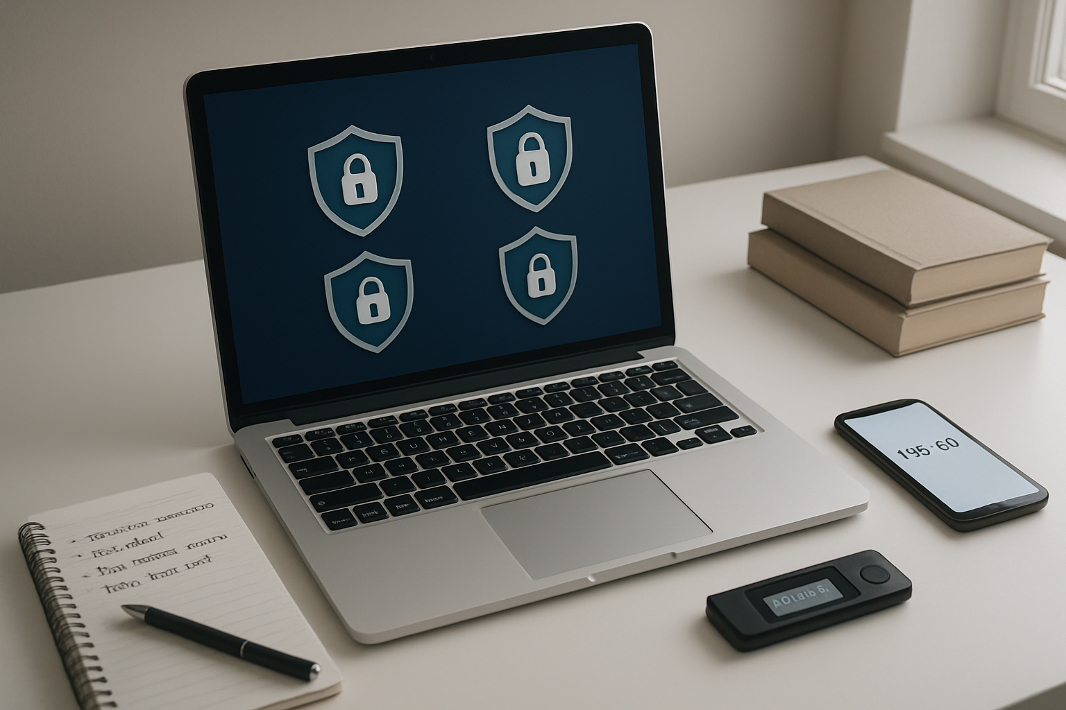 Create a realistic image of a modern, organized desk setup showing the foundation of safe cryptocurrency trading, featuring a laptop displaying multiple security shields and lock icons on screen, a smartphone with two-factor authentication codes, a hardware wallet device, a notepad with handwritten safety guidelines, and a small stack of financial planning books, all arranged on a clean white desk with soft natural lighting from a window, conveying professionalism and security-focused preparation, absolutely NO text should be in the scene.