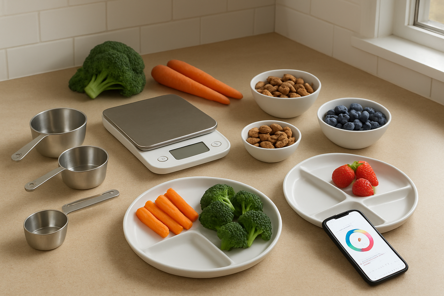 Create a realistic image of a clean, modern kitchen counter with various portion control tools and healthy foods arranged neatly, including measuring cups, a digital food scale, portion control plates with divided sections, small bowls containing measured servings of nuts and berries, a smartphone displaying a portion tracking app, and fresh vegetables like broccoli and carrots cut into proper serving sizes, with soft natural lighting from a nearby window creating a warm and organized atmosphere, Absolutely NO text should be in the scene.