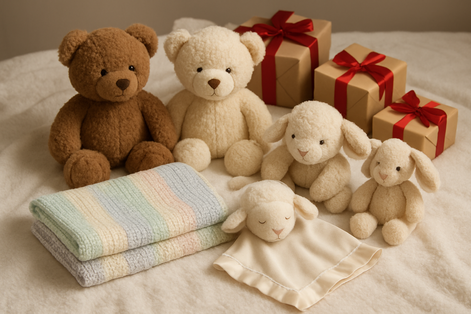 Create a realistic image of a cozy collection of Christmas comfort items for toddlers arranged on a soft white blanket, featuring plush teddy bears in brown and cream colors, a soft knitted baby blanket in pastel colors, cuddly stuffed animals including a lamb and bunny, a small security blanket with satin edges, and a few wrapped gift boxes with red and gold ribbons in the background, warm and gentle lighting creating a peaceful nursery atmosphere, shot from a slightly elevated angle to showcase all items clearly, absolutely NO text should be in the scene.