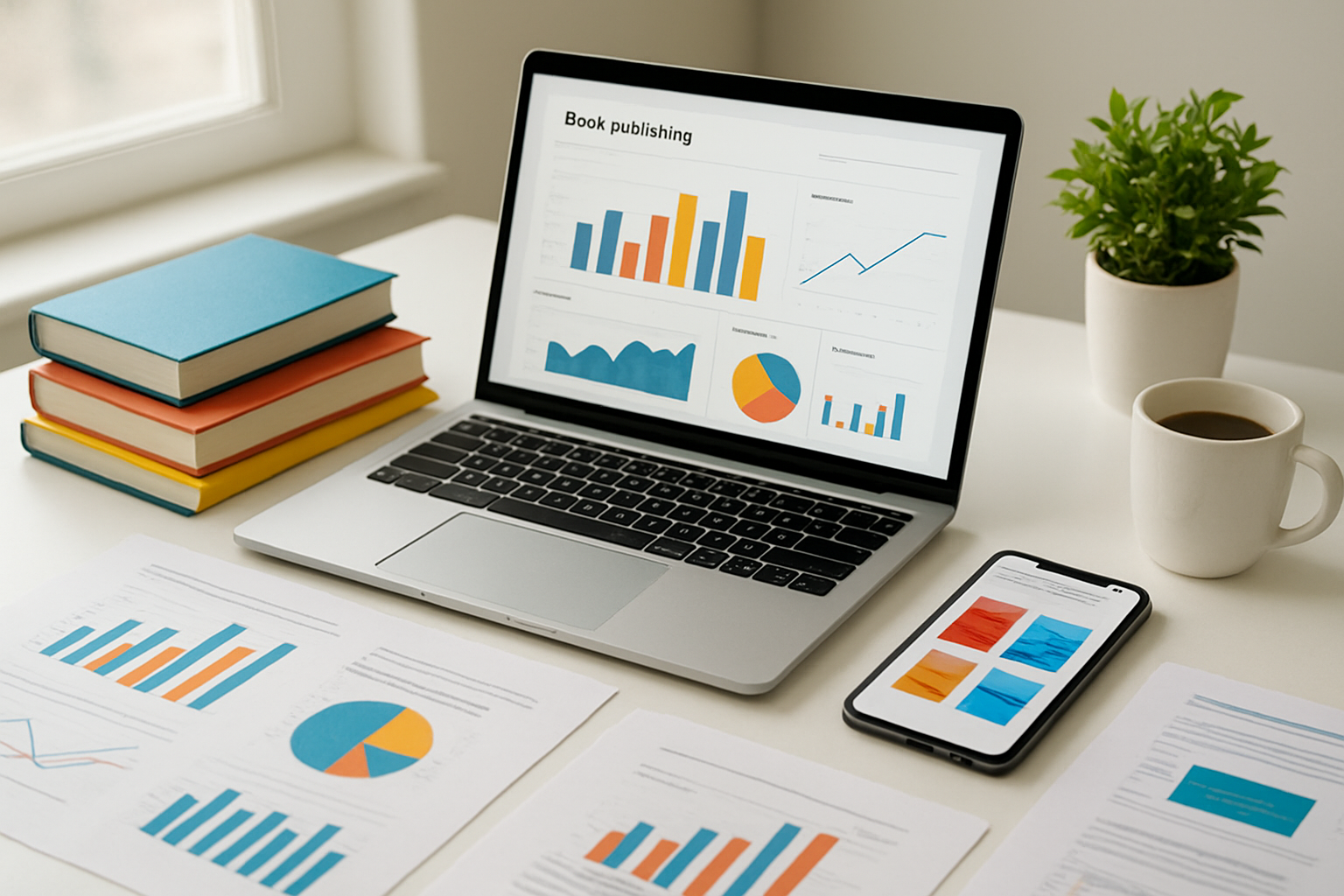 Create a realistic image of a modern laptop computer open on a clean white desk displaying a book publishing dashboard with charts and analytics graphs on the screen, surrounded by several colorful book covers arranged neatly, a smartphone showing an online bookstore interface, marketing materials like printed graphs and optimization reports spread across the desk, bright natural lighting from a window creating a professional workspace atmosphere, with a potted plant and coffee cup as complementary elements, conveying a productive and organized digital publishing environment, absolutely NO text should be in the scene.
