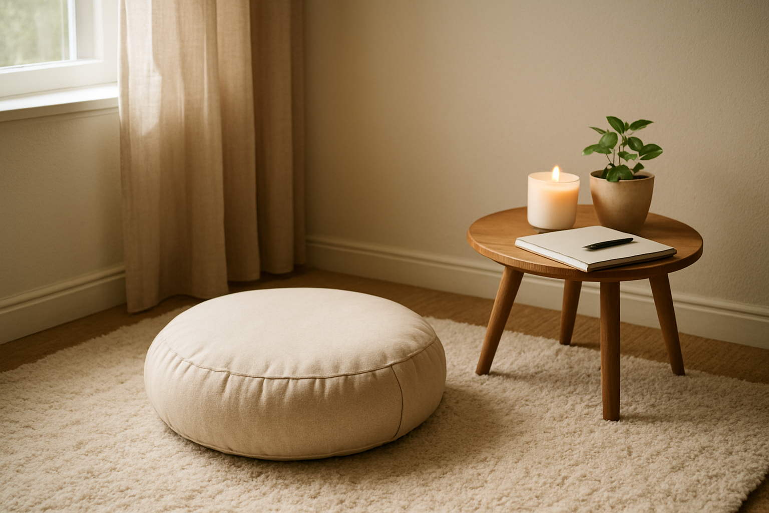 Create a realistic image of a peaceful meditation corner in a home setting with a comfortable meditation cushion placed on a soft rug, a small wooden side table with a journal and pen, a lit candle, and a small potted plant, natural morning light streaming through a nearby window creating gentle shadows, warm and inviting atmosphere suggesting consistency and daily routine, soft neutral colors throughout the scene, absolutely NO text should be in the scene.