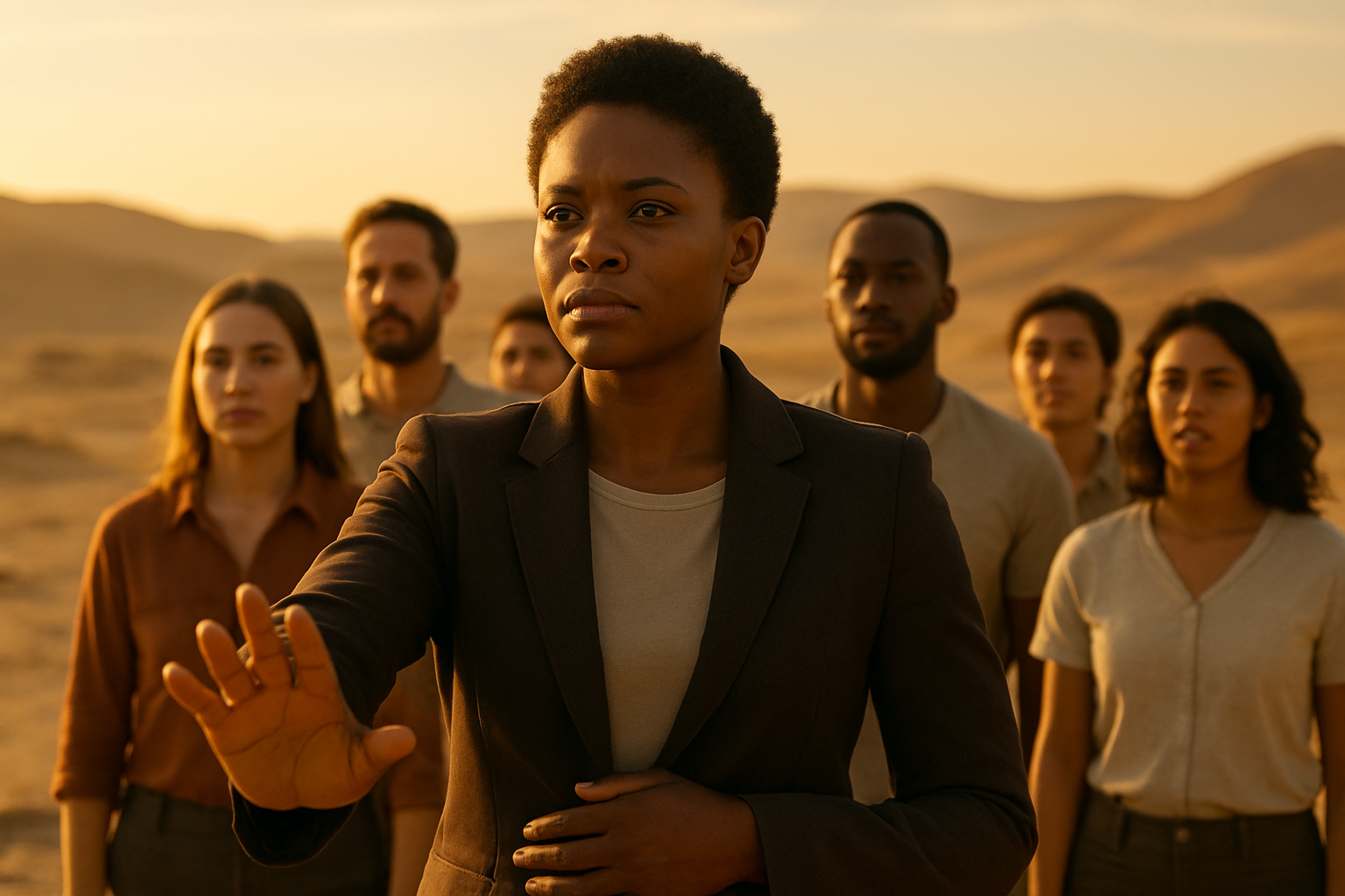 Create a realistic image of a black female leader standing confidently in front of a diverse group of people, with her arms positioned in a protective, guiding gesture as she shields and directs the group forward, set against a desert landscape with warm golden lighting that creates a sense of strength and security, capturing the essence of protective leadership through her authoritative yet caring posture and the trust evident in the followers behind her, absolutely NO text should be in the scene.