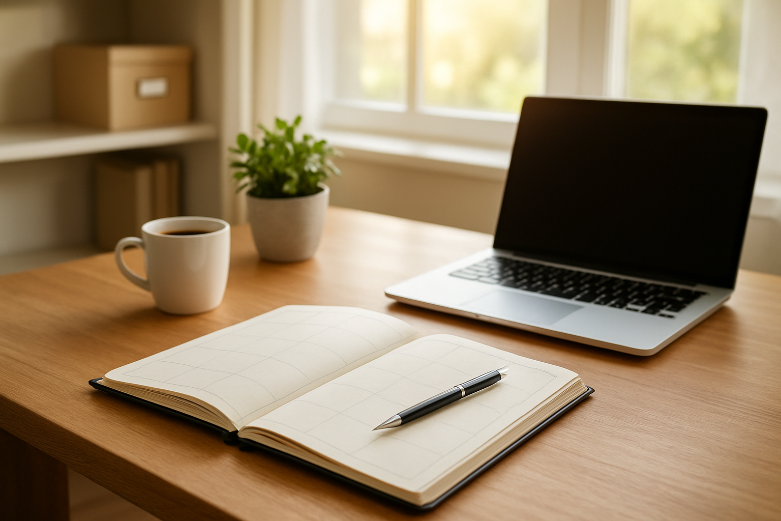 Create a realistic image of a clean, organized home office or workspace with a neat desk featuring an open planner or calendar, a laptop computer, a cup of coffee, and a small potted plant, with natural morning sunlight streaming through a window in the background, creating a fresh and productive atmosphere that conveys getting back on track with daily routines, absolutely NO text should be in the scene.