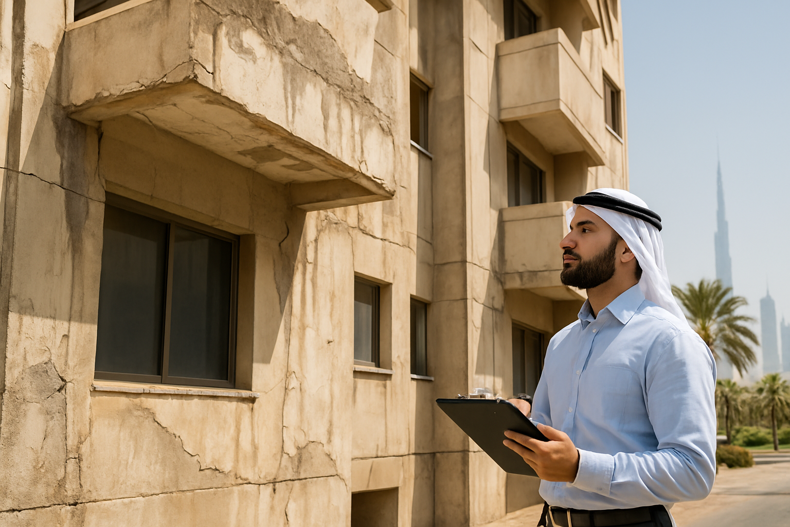 Create a realistic image of a modern UAE residential building exterior with visible architectural defects including water stains on walls, cracked concrete surfaces, damaged building envelope elements, and weathered facade materials under bright desert sunlight, with a Middle Eastern male building inspector in professional attire holding a clipboard and examining the structure, palm trees and Dubai skyline visible in the background, professional documentary photography style with clear natural lighting that emphasizes the building maintenance issues, absolutely NO text should be in the scene.
