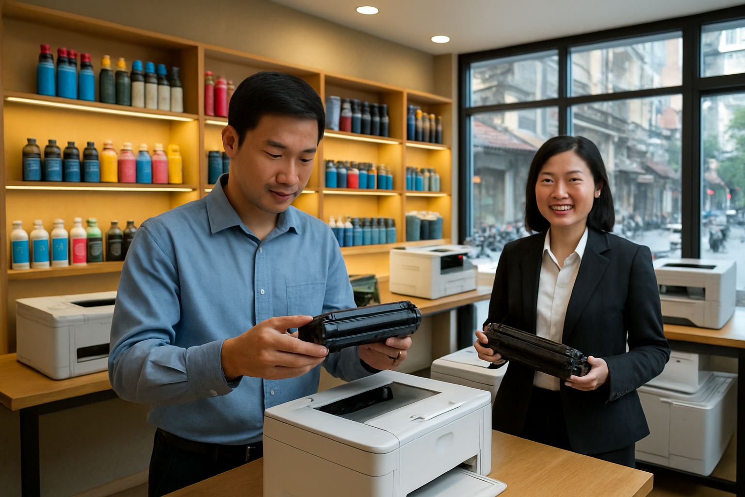 Create a realistic image of a modern printer service shop interior in Hanoi with a clean, organized workspace featuring multiple printers on wooden tables, colorful ink cartridges and toner bottles neatly arranged on shelves, an Asian male technician in his 30s wearing a clean work shirt examining a printer cartridge, warm LED lighting creating a professional atmosphere, Vietnamese urban street visible through large windows, and a satisfied Asian female customer in business attire standing nearby holding her refilled printer cartridge with a smile, absolutely NO text should be in the scene.