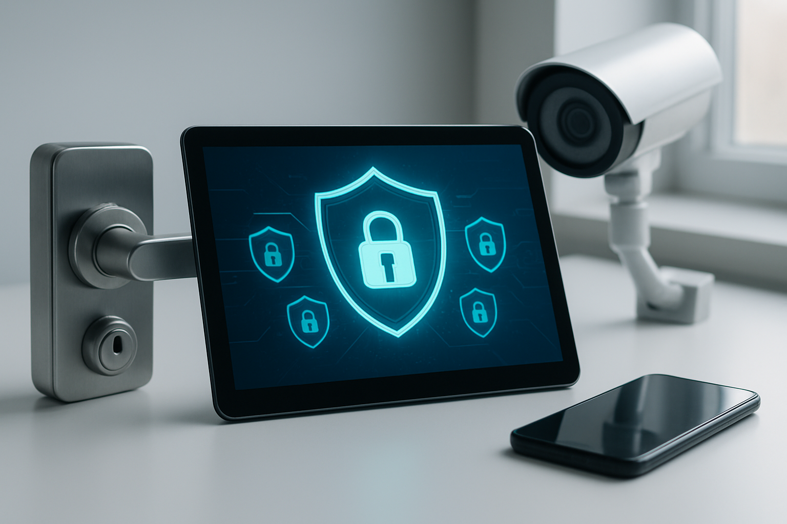 Create a realistic image of a modern security concept scene featuring a sleek digital tablet displaying security shield icons and lock symbols alongside physical security items including a sturdy door lock, security camera, and smartphone, all arranged on a clean white desk surface, with soft natural lighting from a window creating a professional and reassuring atmosphere that conveys comprehensive protection and safety, complemented by subtle blue and green accent colors suggesting trust and security, absolutely NO text should be in the scene.