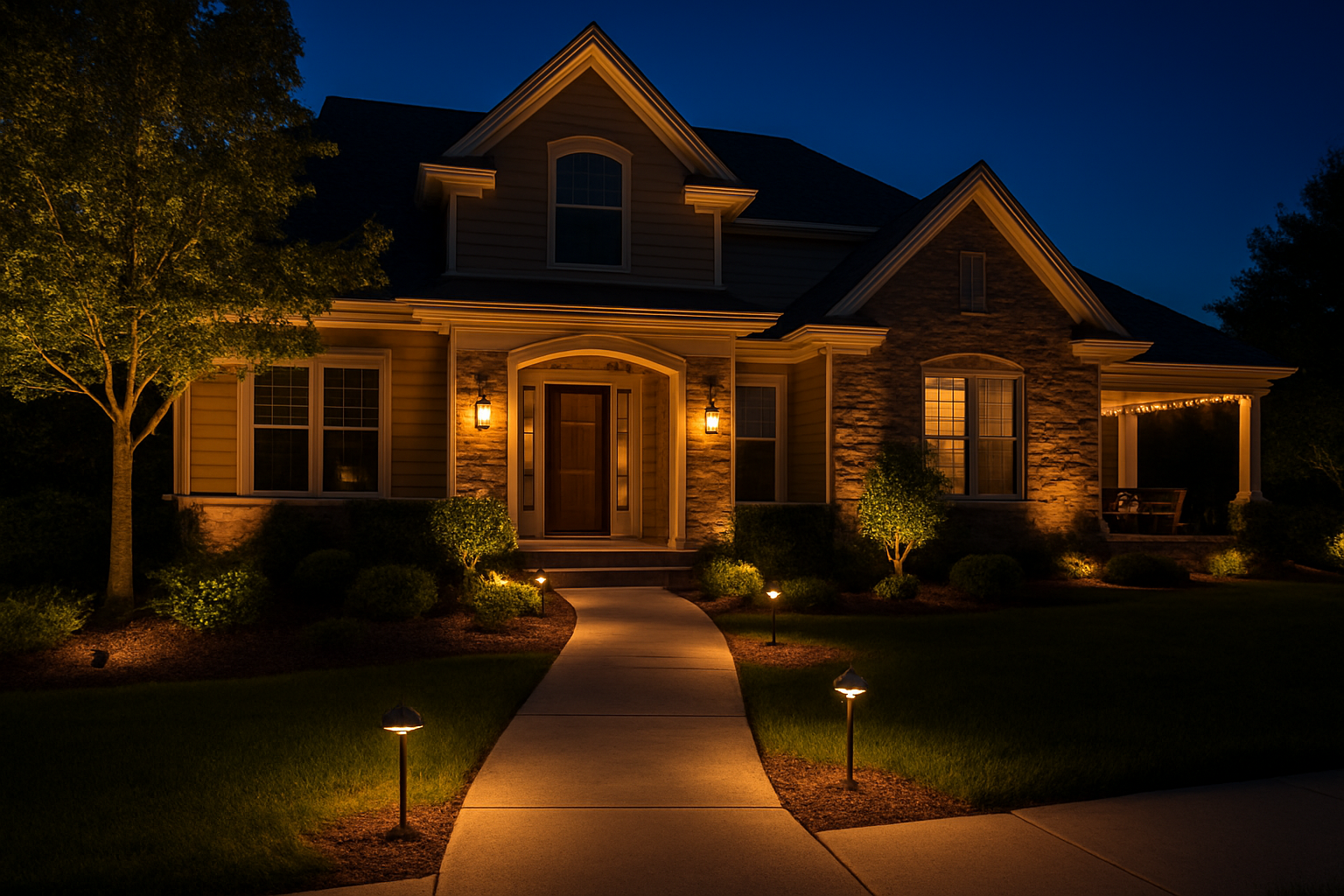 Create a realistic image of a well-lit suburban home exterior at dusk showing multiple strategic lighting zones including pathway lights lining a walkway, uplighting on trees and landscaping, wall-mounted sconces flanking the front door, string lights on a porch or patio area, and accent lighting highlighting architectural features, with warm golden light emanating from each zone creating an inviting and valuable-looking property appearance against a deep blue twilight sky, absolutely NO text should be in the scene.