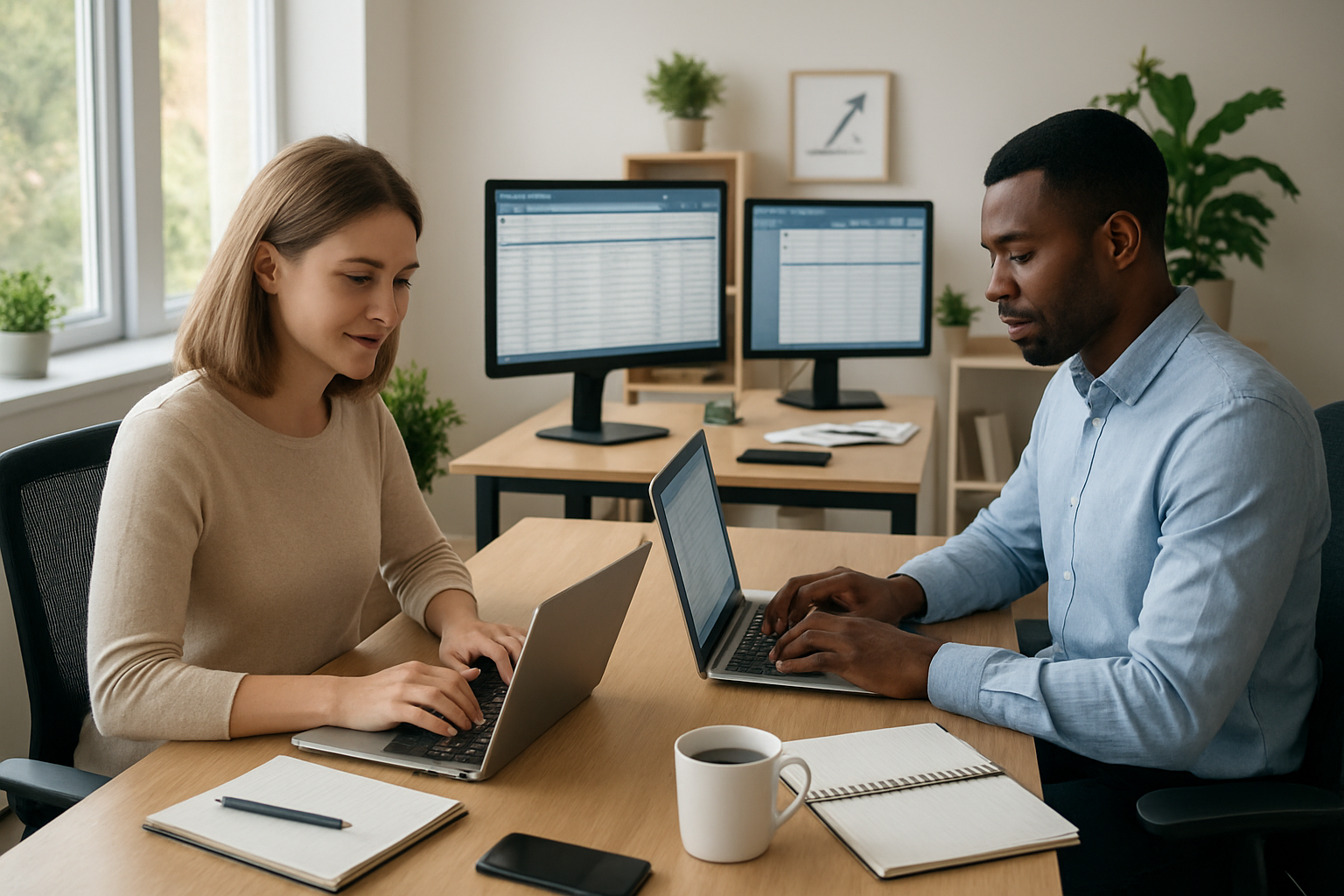 Create a realistic image of a diverse group of people working on laptops at a modern home office setup, featuring a white female and black male sitting at separate desks with multiple computer screens showing data entry interfaces, surrounded by organized workspaces with notebooks, coffee cups, and office supplies, bright natural lighting from large windows creating a productive and professional atmosphere, with plants and motivational elements in the background suggesting success and growth in remote work, warm and optimistic mood conveying achievement and financial stability, absolutely NO text should be in the scene.