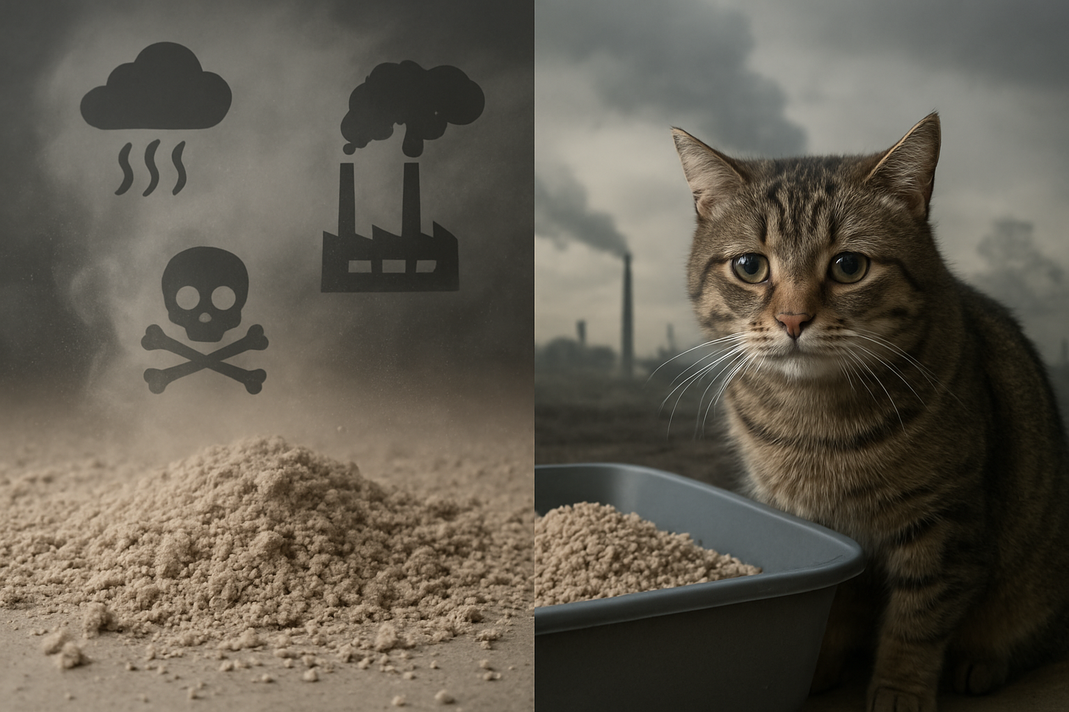 Create a realistic image of a split-screen composition showing traditional clay cat litter scattered on one side with visible dust clouds and pollution symbols, and a sad-looking tabby cat with slightly watery eyes sitting next to an overflowing litter box filled with conventional clay litter, while the background shows a polluted industrial landscape with smokestacks and environmental damage, creating a somber and concerning mood with muted, grayish lighting that emphasizes the harmful effects, absolutely NO text should be in the scene.