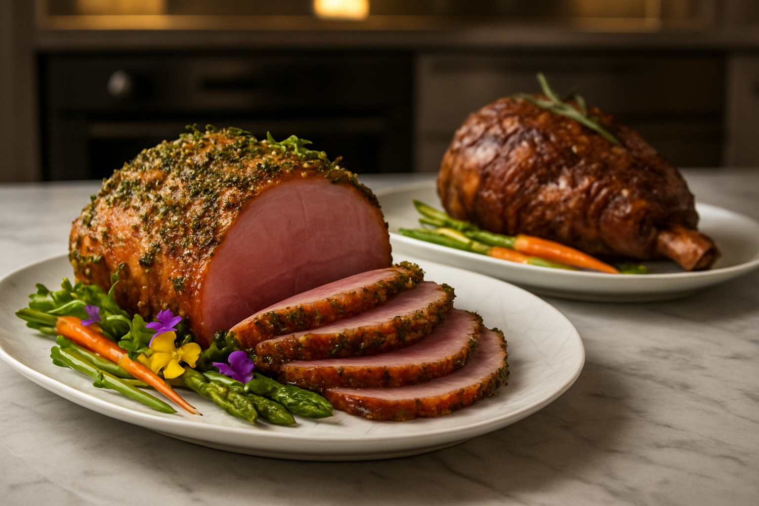 Create a realistic image of a beautifully plated modern Easter ham glazed with a contemporary herb crust, garnished with microgreens and edible flowers, sitting alongside a perfectly cooked leg of lamb with sous vide precision, both dishes artfully arranged on elegant white porcelain plates with modern geometric designs, placed on a sophisticated marble countertop in a contemporary kitchen setting with professional stainless steel appliances visible in the soft-focused background, warm golden lighting highlighting the glistening glazes and perfectly cooked textures of the meats, with spring-colored vegetables like baby carrots and asparagus as colorful accents, creating an upscale dining atmosphere that blends traditional Easter celebration with modern culinary artistry, absolutely NO text should be in the scene.