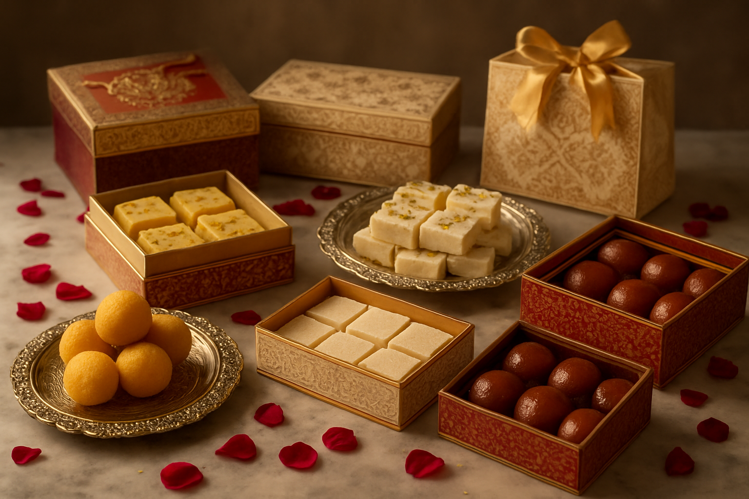 Create a realistic image of an elegant display showcasing various Indian mithai (sweets) arranged in beautiful decorative boxes, ornate silver trays, and colorful gift bags with golden ribbons, featuring traditional sweets like ladoos, barfis, and gulab jamuns artistically presented on a marble surface with scattered rose petals, soft warm lighting creating an luxurious ambiance perfect for wedding celebrations, with intricate packaging designs in rich colors of gold, red, and cream. Absolutely NO text should be in the scene.