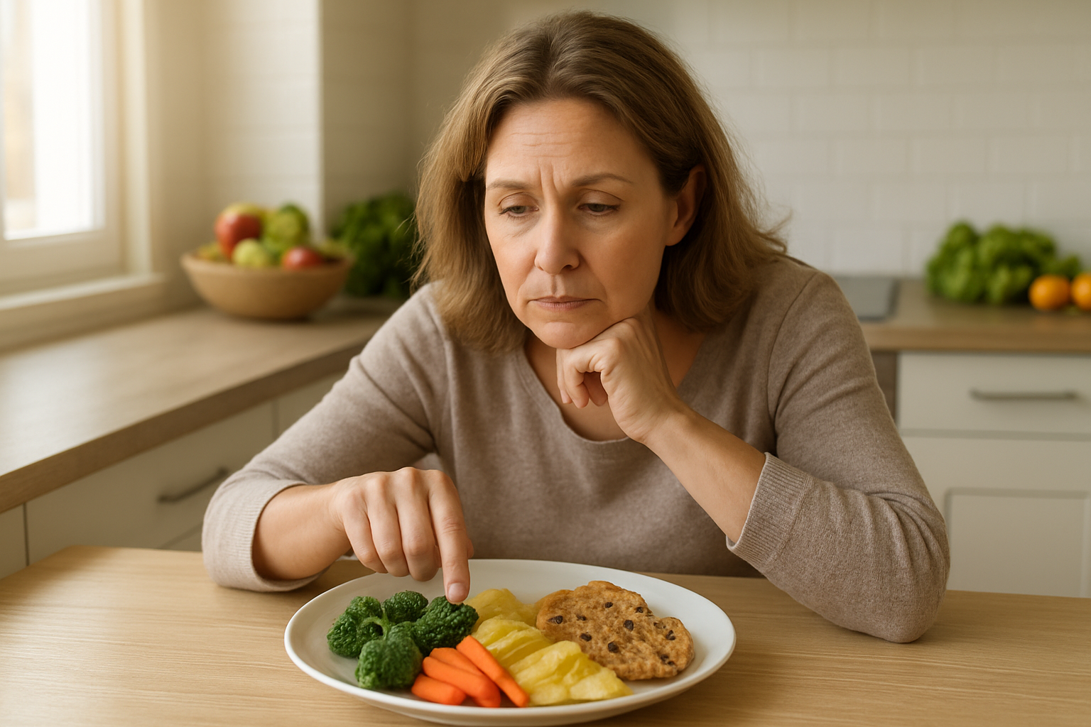 Create a realistic image of a middle-aged white woman sitting at a kitchen table looking thoughtfully at a plate containing both healthy vegetables and tempting junk food like cookies and chips, with her hand positioned between the two food choices showing the internal struggle of making healthy eating decisions, warm natural lighting from a window, modern kitchen background with fresh fruits and vegetables visible on the counter, conveying a mood of contemplation and decision-making about food choices, absolutely NO text should be in the scene.