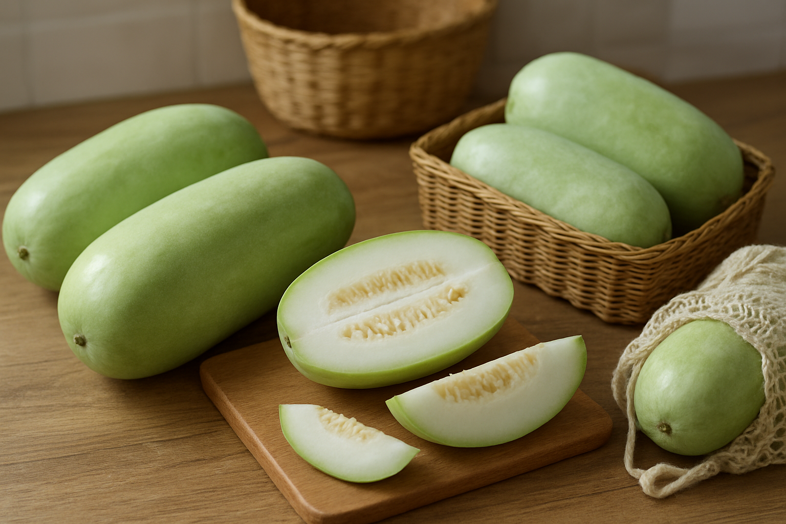 Create a realistic image of fresh whole winter melons with pale green waxy skin displayed on a wooden surface, alongside cut winter melon pieces showing white translucent flesh and seeds, with proper storage containers like wicker baskets and mesh bags nearby, in a clean kitchen or market setting with natural lighting that highlights the quality and freshness of the melons, absolutely NO text should be in the scene.