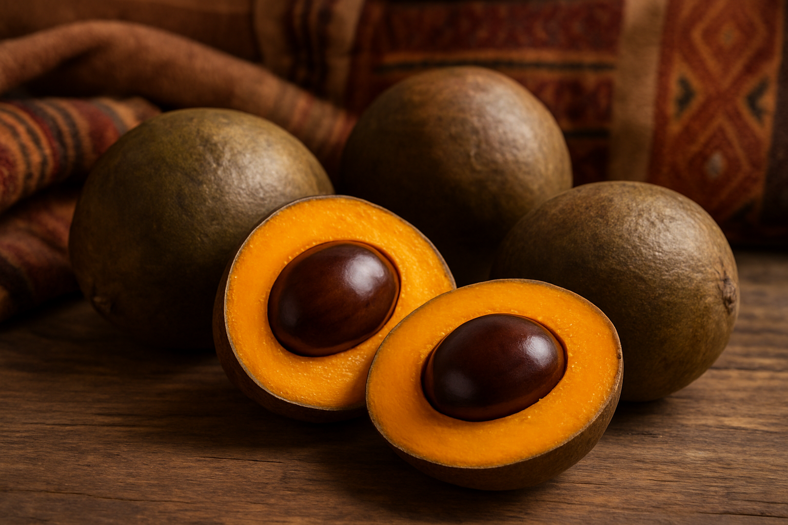 Create a realistic image of fresh lucuma fruits with golden-orange flesh displayed prominently, showing both whole fruits with their brown exterior skin and cut-open halves revealing the vibrant golden interior and large brown seed, arranged on a rustic wooden surface with soft natural lighting, complemented by subtle Peruvian cultural elements like traditional woven textiles in earthy tones in the background, creating a warm and inviting atmosphere that emphasizes the exotic superfruit's golden color and Peruvian origin, absolutely NO text should be in the scene.