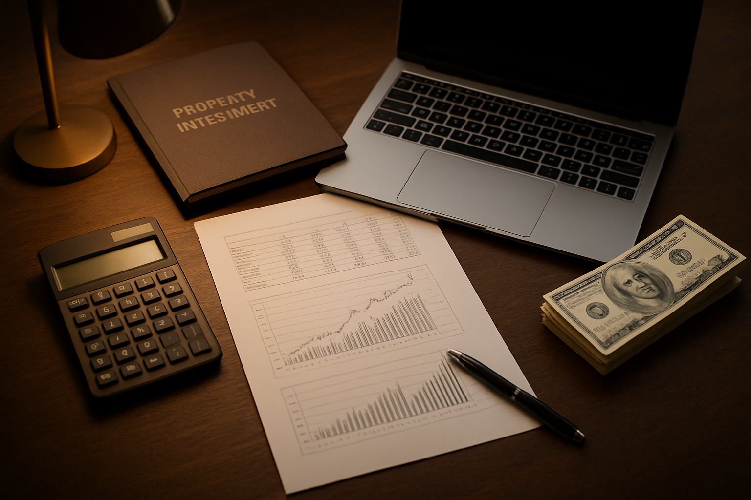Create a realistic image of a professional office desk scene showing financial documents, calculator, laptop computer, stack of cash bills, property investment folders, and a pen laid out on a dark wooden desk surface, with warm ambient lighting from a desk lamp creating a focused business atmosphere, shot from above at a slight angle to show all financial planning materials clearly, Absolutely NO text should be in the scene.