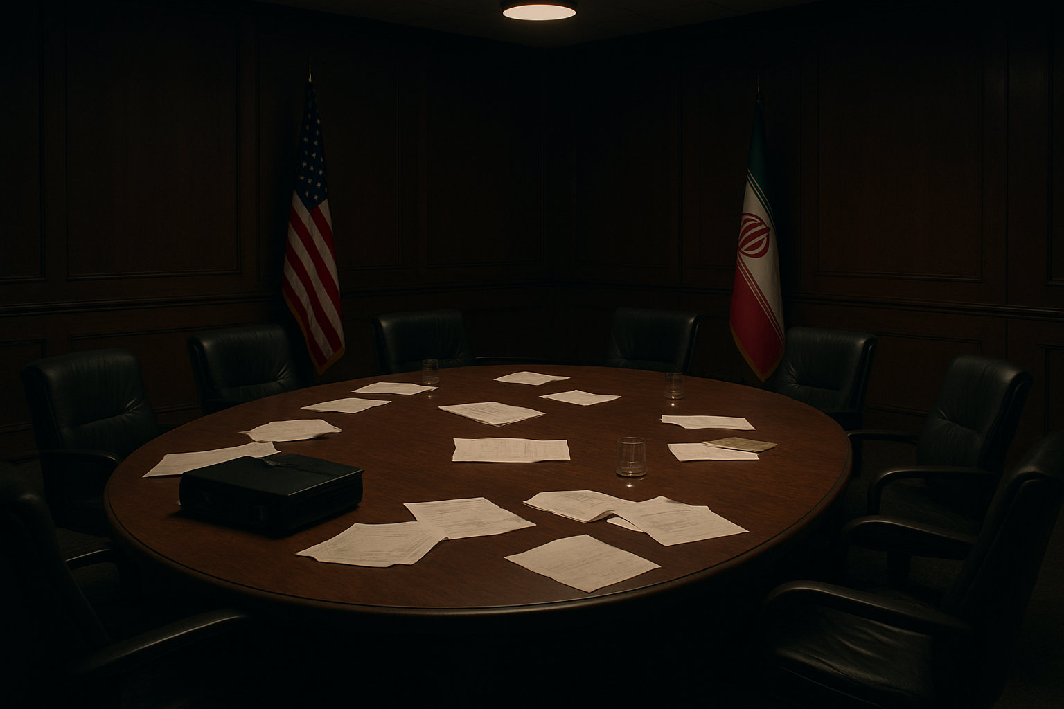 Create a realistic image of an empty diplomatic conference room with abandoned peace talks, featuring a large oval wooden table with scattered official documents and papers, empty leather chairs pushed back from the table, two flags (American and Iranian) positioned on opposite sides of the room, dim overhead lighting casting shadows across the scene, a tense and somber atmosphere suggesting failed negotiations, with briefcases and water glasses left behind on the table, wood-paneled walls in the background, and a formal government meeting room setting. Absolutely NO text should be in the scene.
