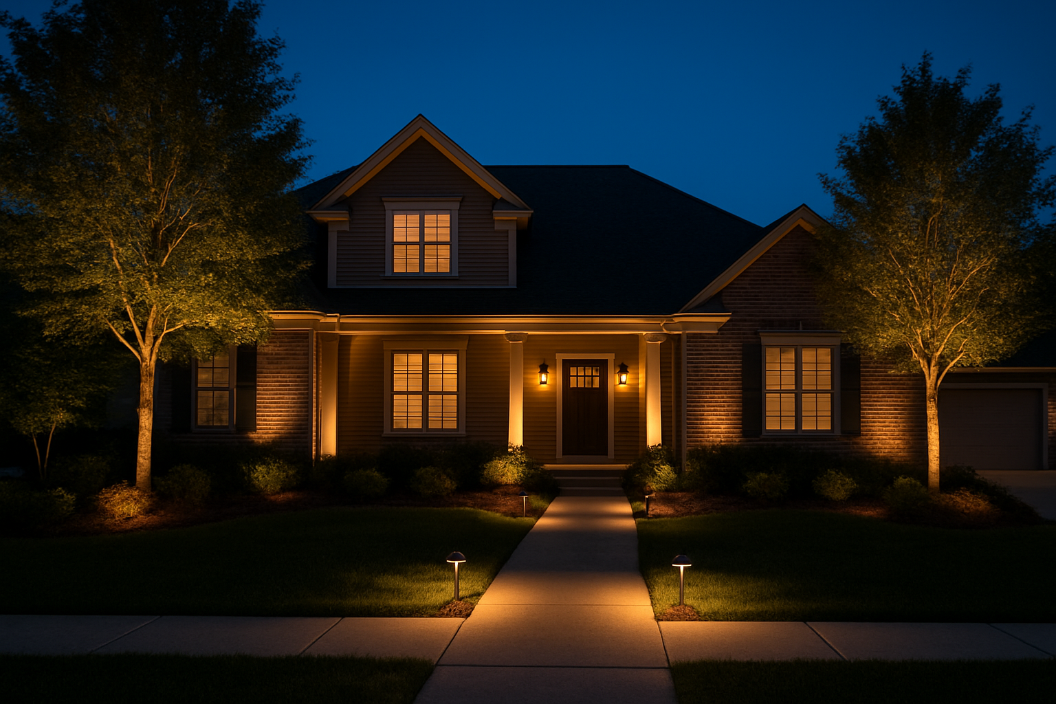 Create a realistic image of a beautiful suburban home exterior at dusk with warm, inviting outdoor lighting illuminating the front facade, pathway lights leading to the entrance, uplighting on landscaping trees, porch lights flanking the front door, and subtle accent lighting highlighting architectural features, all creating a welcoming and valuable-looking property against a twilight blue sky background with the lighting appearing modern yet affordable, showcasing the dramatic transformation that strategic outdoor lighting brings to home curb appeal and value, absolutely NO text should be in the scene.