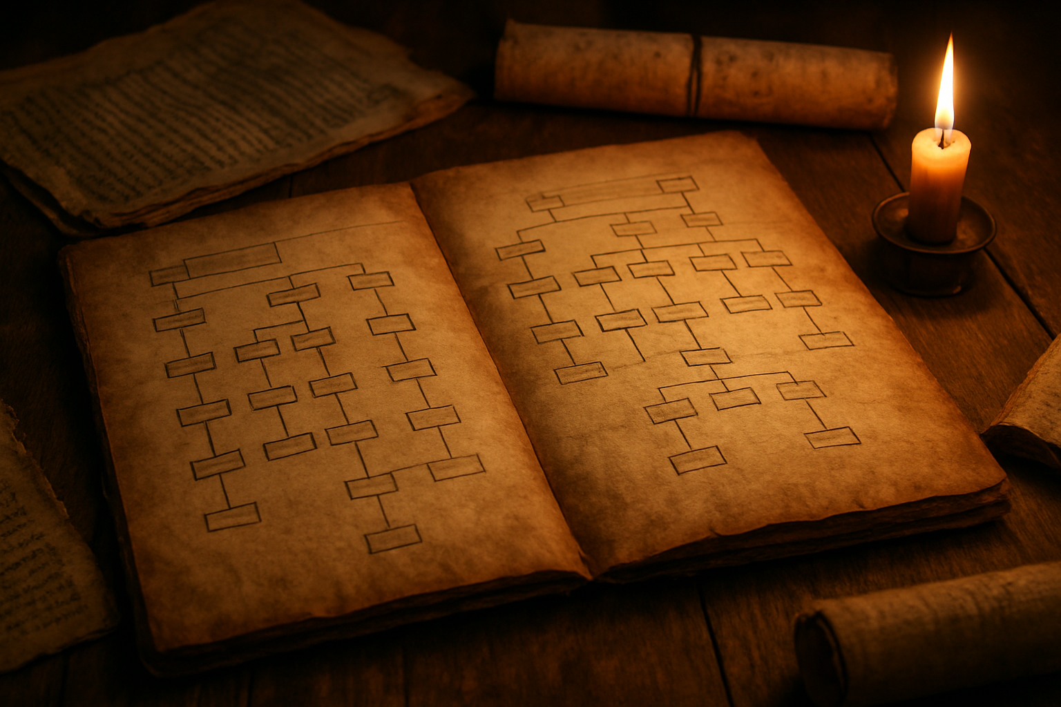Create a realistic image of an ancient scroll or parchment laid open on a wooden table, displaying two parallel family tree diagrams with connecting lines between names, surrounded by other aged biblical manuscripts and scrolls, with warm candlelight illuminating the genealogical charts from the side, creating gentle shadows across the weathered paper surface in a scholarly study setting, absolutely NO text should be in the scene.