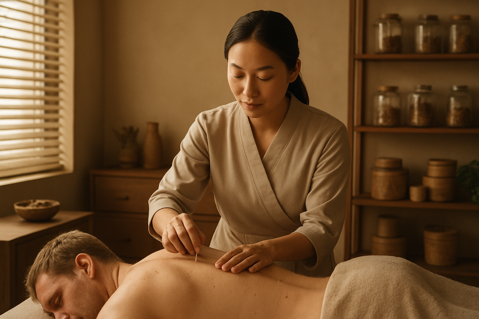 Create a realistic image of a serene acupuncture treatment room with a relaxed Asian female practitioner gently placing thin acupuncture needles on the back of a white male patient lying face down on a treatment table, traditional Chinese medicine elements like dried herbs in glass jars and wooden containers visible on shelves in the background, soft natural lighting filtering through window blinds creating a calm healing atmosphere, warm earth tones throughout the space, the practitioner wearing professional attire while demonstrating precise needle placement technique, absolutely NO text should be in the scene.