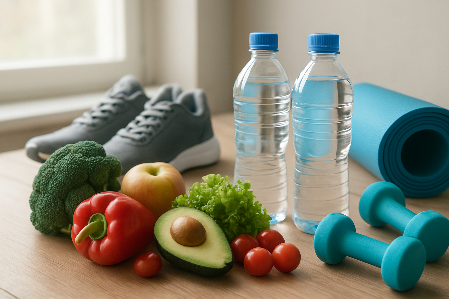 Create a realistic image of a healthy lifestyle composition featuring fresh vegetables, fruits, and water bottles on a wooden table, alongside running shoes, a yoga mat, and dumbbells, with soft natural lighting streaming through a window in the background creating a clean and motivating wellness atmosphere. Absolutely NO text should be in the scene.