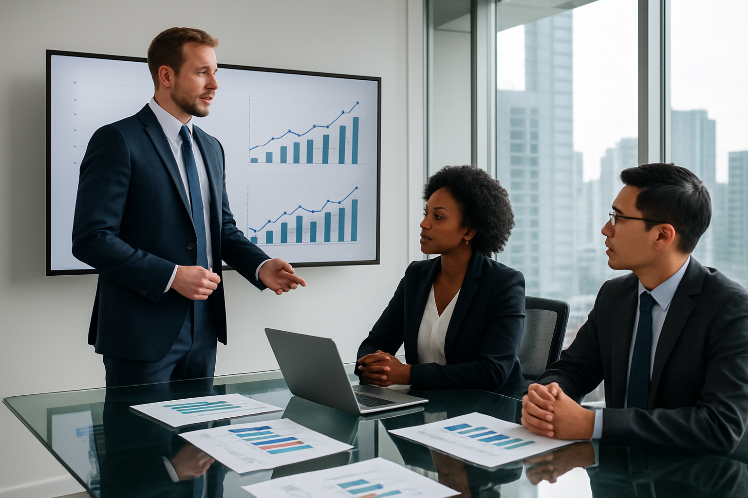 Create a realistic image of a diverse business consulting team featuring a white male consultant in a navy suit presenting growth charts on a large monitor to a black female executive and an Asian male entrepreneur seated at a modern glass conference table, with laptops, financial documents, and upward trending graphs visible on the table, set in a bright contemporary office with floor-to-ceiling windows showing a city skyline, professional lighting creating a successful and productive atmosphere, absolutely NO text should be in the scene.