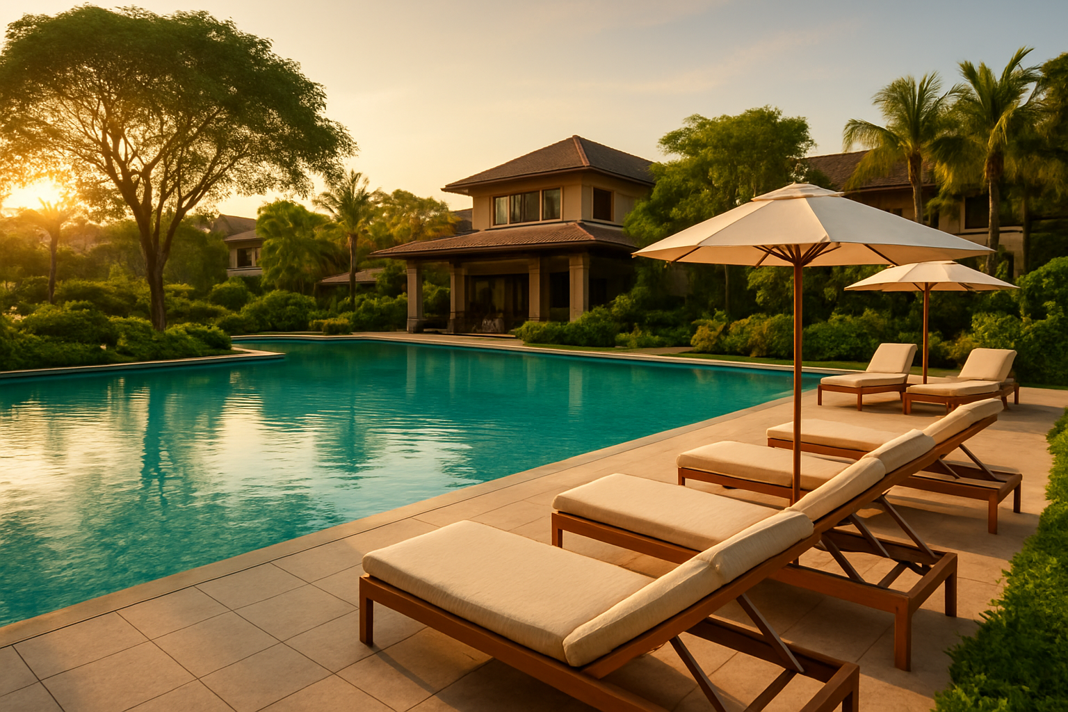 realistic image of a luxurious resort amenity area at Della Resort featuring a stunning outdoor swimming pool with crystal-clear blue water, surrounded by lush green landscaping, elegant sun loungers, and premium resort facilities visible in the background, with warm golden sunlight casting a welcoming glow over the scene, conveying a sense of affordable luxury and value, with a vibrant and inviting atmosphere that suggests high-end experiences at a reduced cost. Absolutely NO text should be in the scene.