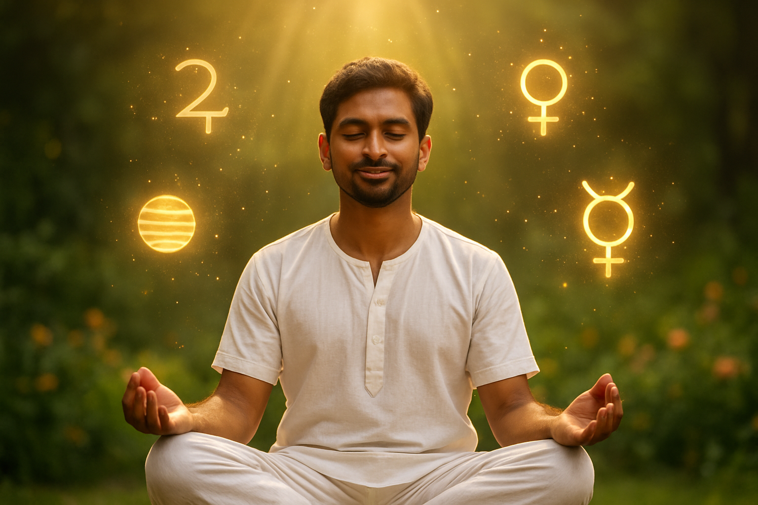 உச்சம் vs நீச்சம்: எது உங்கள் வாழ்க்கையை மாற்றும்? Create a realistic image of a serene Indian person with brown skin, male, sitting in a peaceful meditation pose with closed eyes and a gentle smile, surrounded by golden celestial symbols including Jupiter, Venus, and Mercury planetary icons floating gracefully around him, with warm golden sunlight streaming from above creating a divine atmosphere, lush green nature in the soft-focus background with blooming flowers, representing prosperity and positive energy, the person wearing simple white clothing, with subtle sparkles and light rays emanating from the planetary symbols suggesting beneficial cosmic influence, overall mood conveying success, happiness, and spiritual elevation, absolutely NO text should be in the scene.