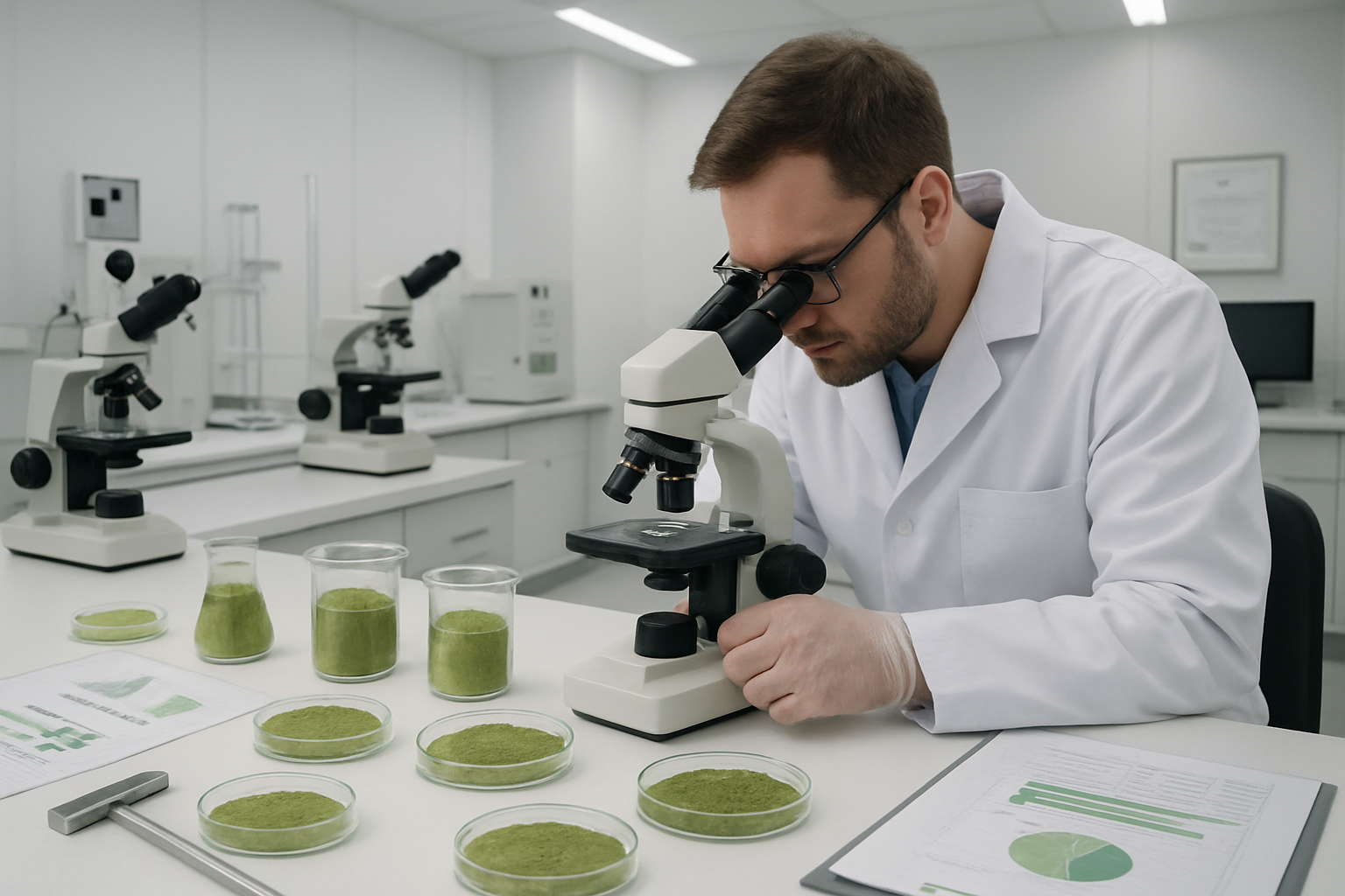 Create a realistic image of a professional laboratory setting with moringa powder samples in glass containers and petri dishes on a clean white laboratory bench, scientific testing equipment including microscopes and measuring instruments, official certification documents and quality control charts spread across the workspace, a white male laboratory technician in a white coat examining moringa samples under proper lighting, modern laboratory environment with sterile white walls and bright fluorescent lighting, organized and clinical atmosphere suggesting rigorous quality testing procedures, absolutely NO text should be in the scene.