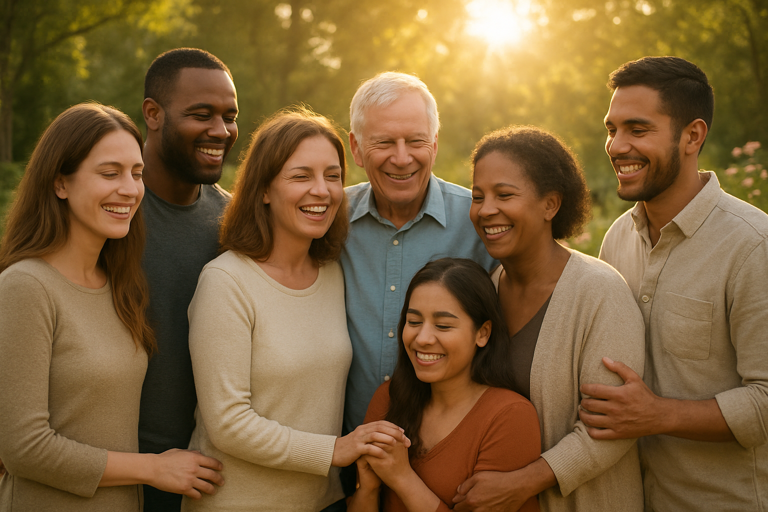 Create a realistic image of a diverse group of believers including white, black, and Hispanic men and women of various ages standing together in a peaceful garden setting with soft golden sunlight filtering through trees, their faces showing expressions of joy and peace, with some people gently embracing or holding hands in fellowship, surrounded by blooming flowers and lush greenery symbolizing new life, with rays of warm light creating a hopeful and uplifting atmosphere, absolutely NO text should be in the scene.
