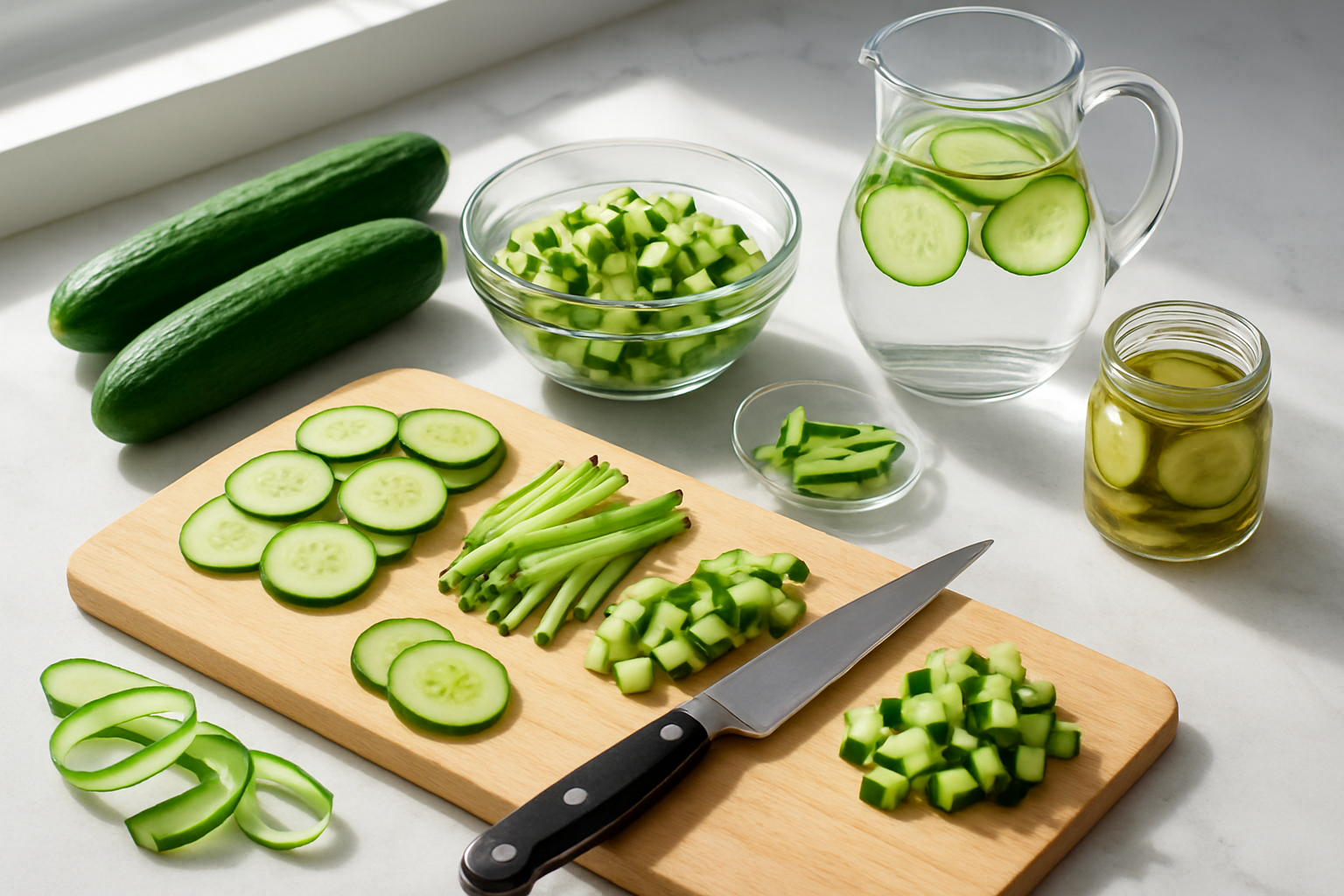 Create a realistic image of a kitchen counter scene showcasing various cucumber preparation methods and culinary applications, featuring whole fresh green cucumbers, cucumber slices arranged in neat circles, julienned cucumber strips, diced cucumber pieces, cucumber ribbons made with a peeler, a cucumber salad in a glass bowl, pickled cucumber slices in a small jar, and a refreshing cucumber water with cucumber rounds floating in a clear glass pitcher, with kitchen utensils like a sharp knife, cutting board, and vegetable peeler nearby, set against a clean white marble countertop with natural daylight streaming from a window creating soft shadows, absolutely NO text should be in the scene.